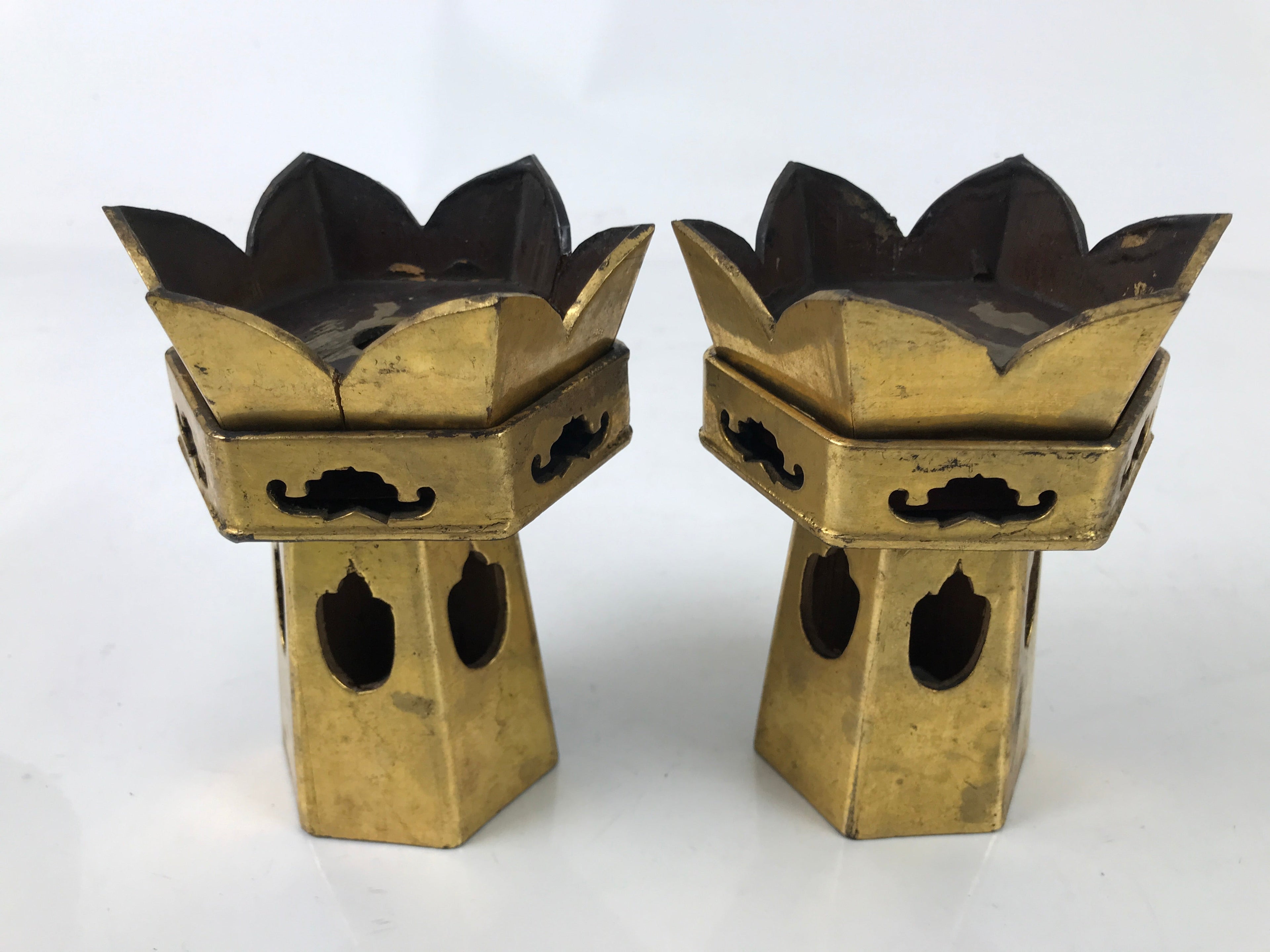 Antique Japanese Buddhist Altar Fitting Wood Kuge Offering Stand 2pc Gold BA525