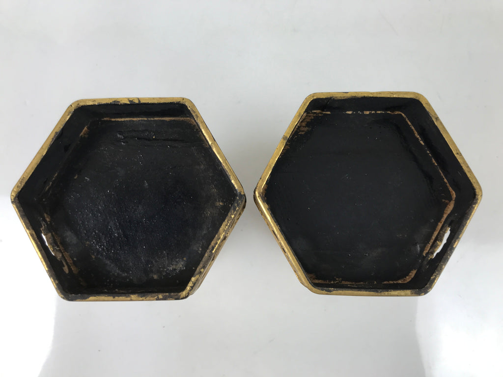 Antique Japanese Buddhist Altar Fitting Wood Kuge Offering Stand 2pc Gold BA525