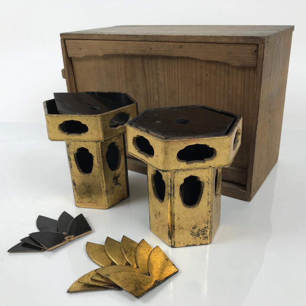 Antique Japanese Buddhist Altar Fitting Wooden Kuge Offering Stand 2pc Box BA816