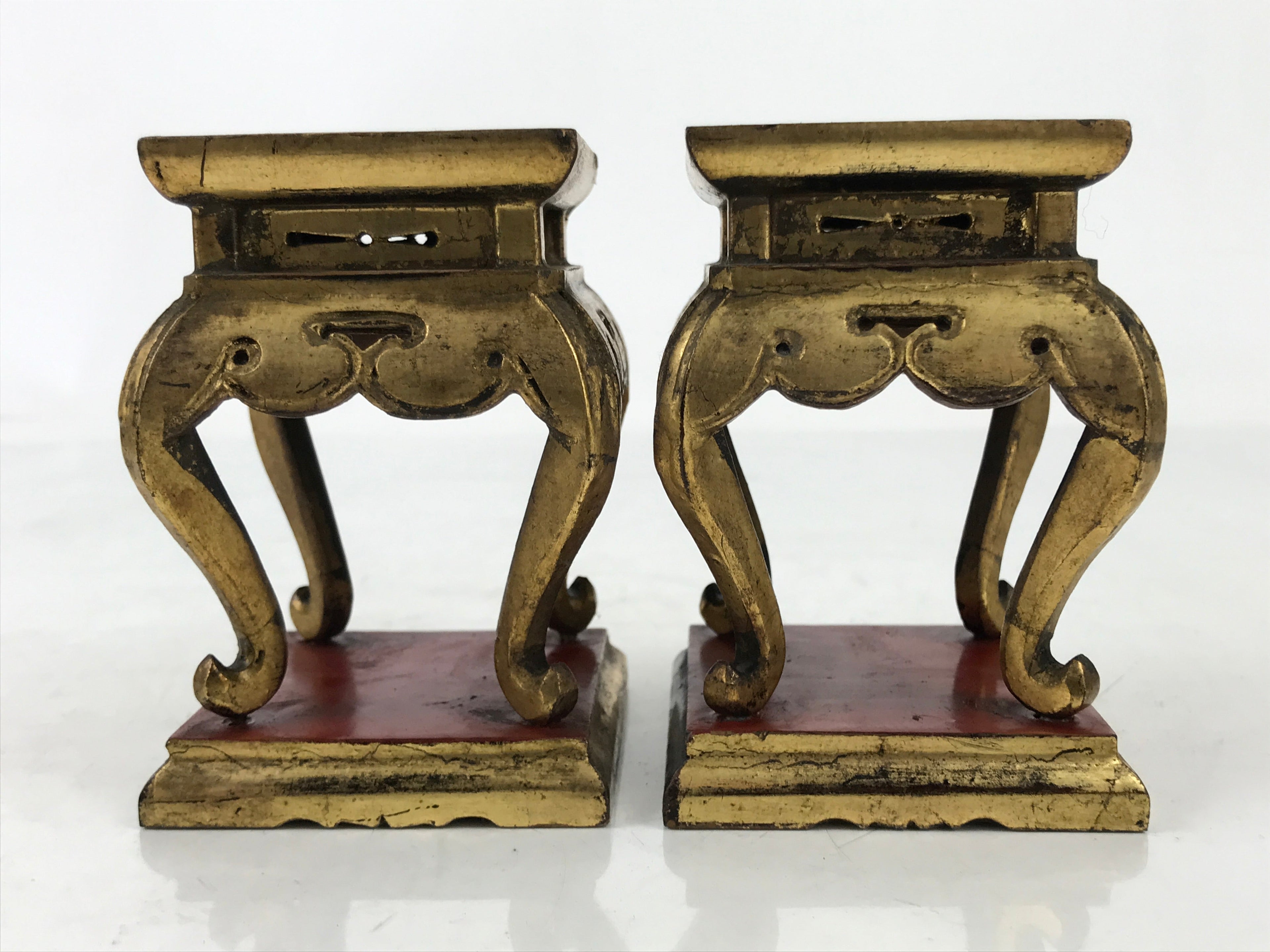 Antique Japanese Buddhist Altar Lacquer Wood Offering Stand 2pc Bukki Gold BA523