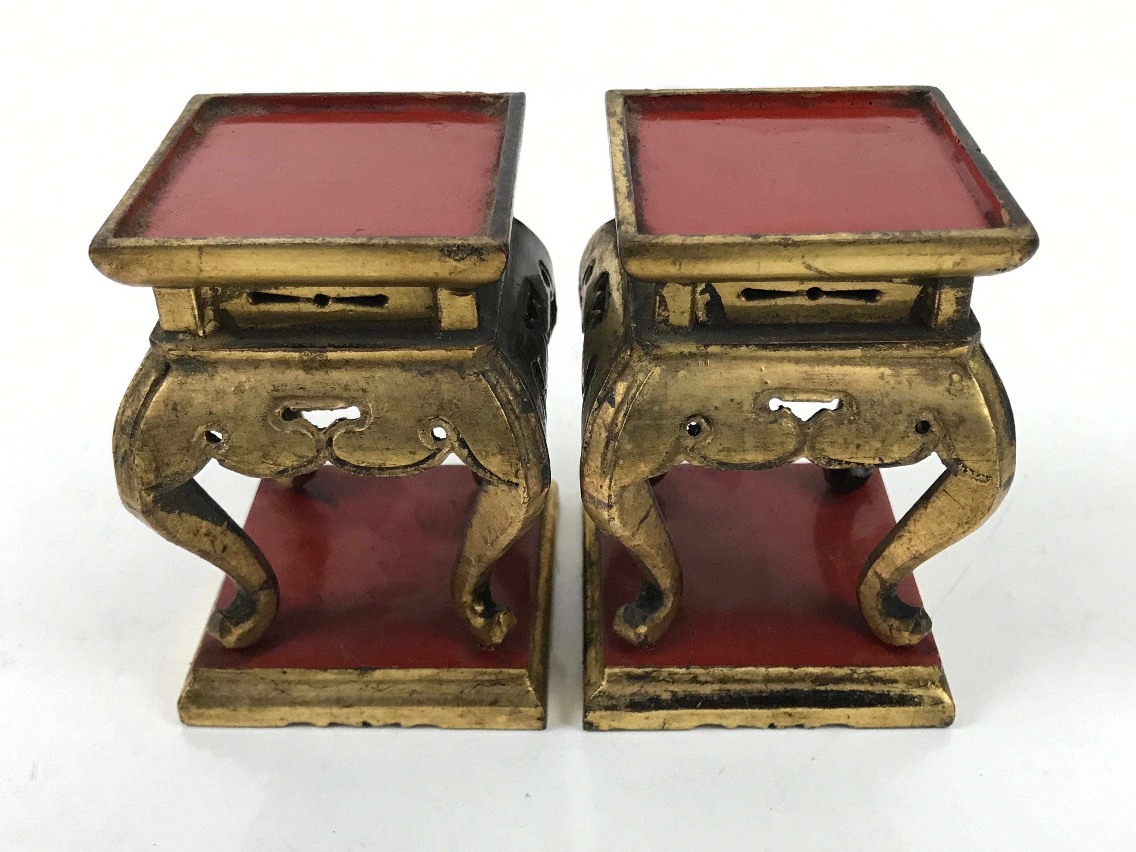 Antique Japanese Buddhist Altar Lacquer Wood Offering Stand 2pc Bukki Gold BA523