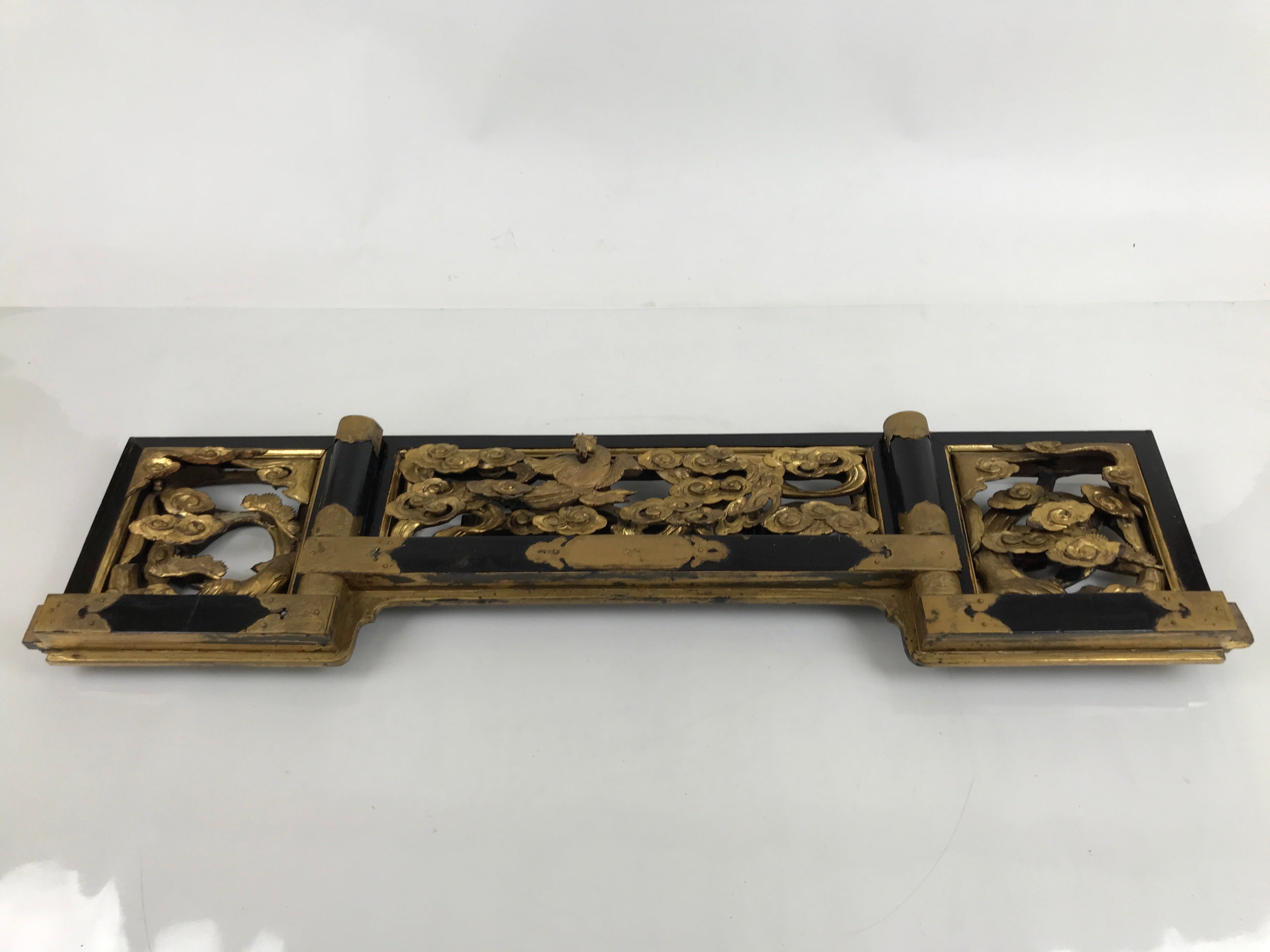 Antique Japanese Buddhist Altar Wood Lacquer Ranma Carved Bird Cloud Gold BA460