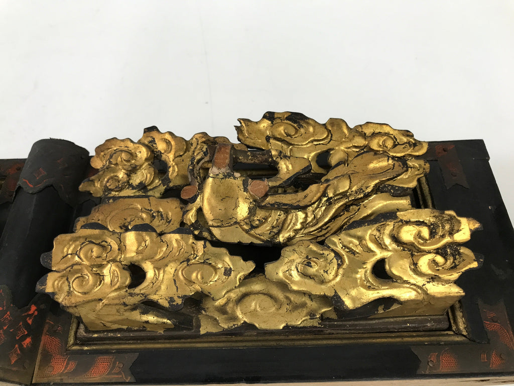 Antique Japanese Buddhist Altar Wood Lacquer Ranma Carved Cloud Deity Gold BA488