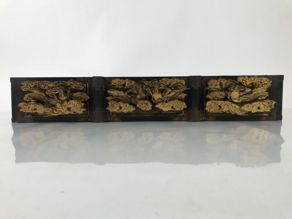 Antique Japanese Buddhist Altar Wood Lacquer Ranma Carved Cloud Deity Gold BA488