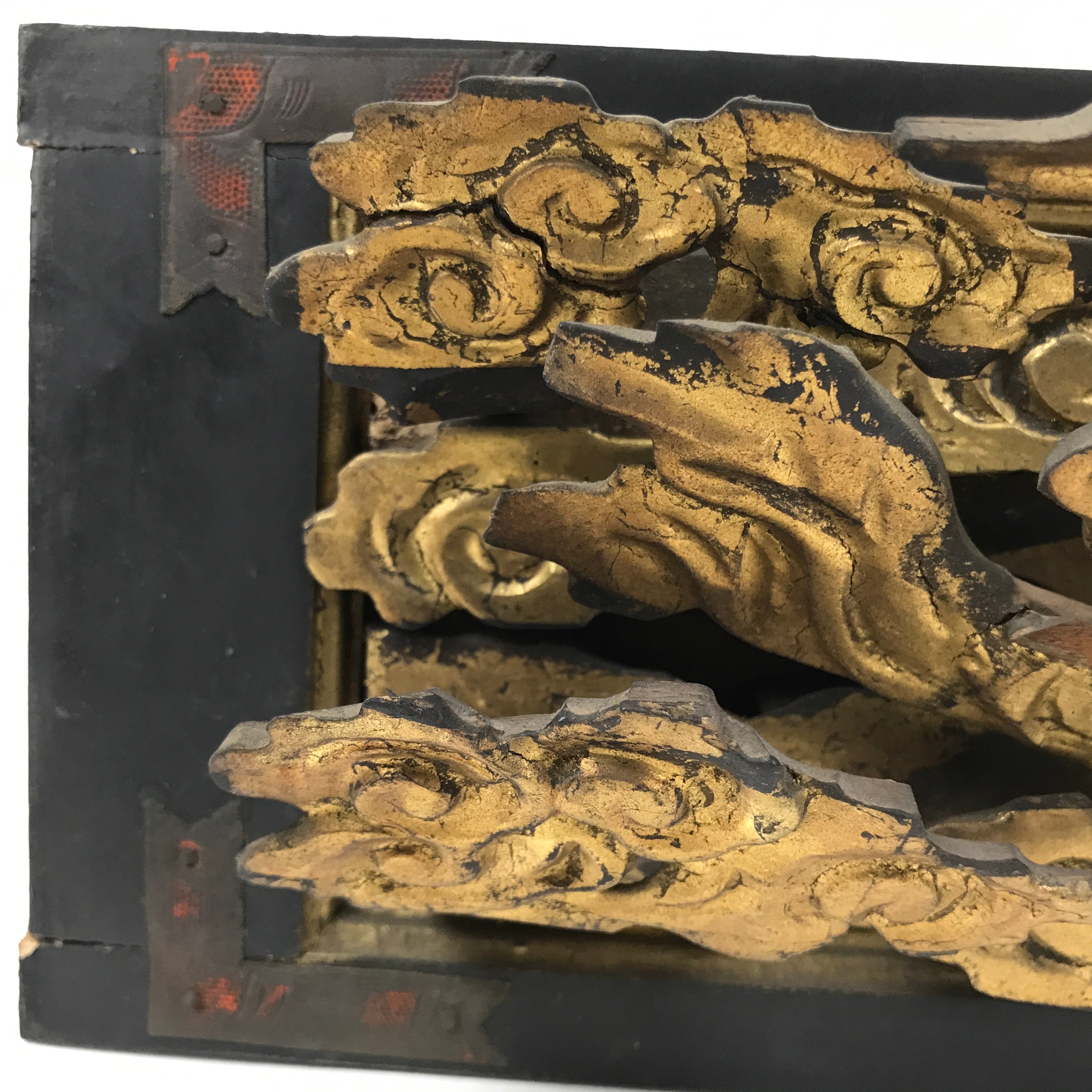Antique Japanese Buddhist Altar Wood Lacquer Ranma Carved Cloud Deity Gold BA488