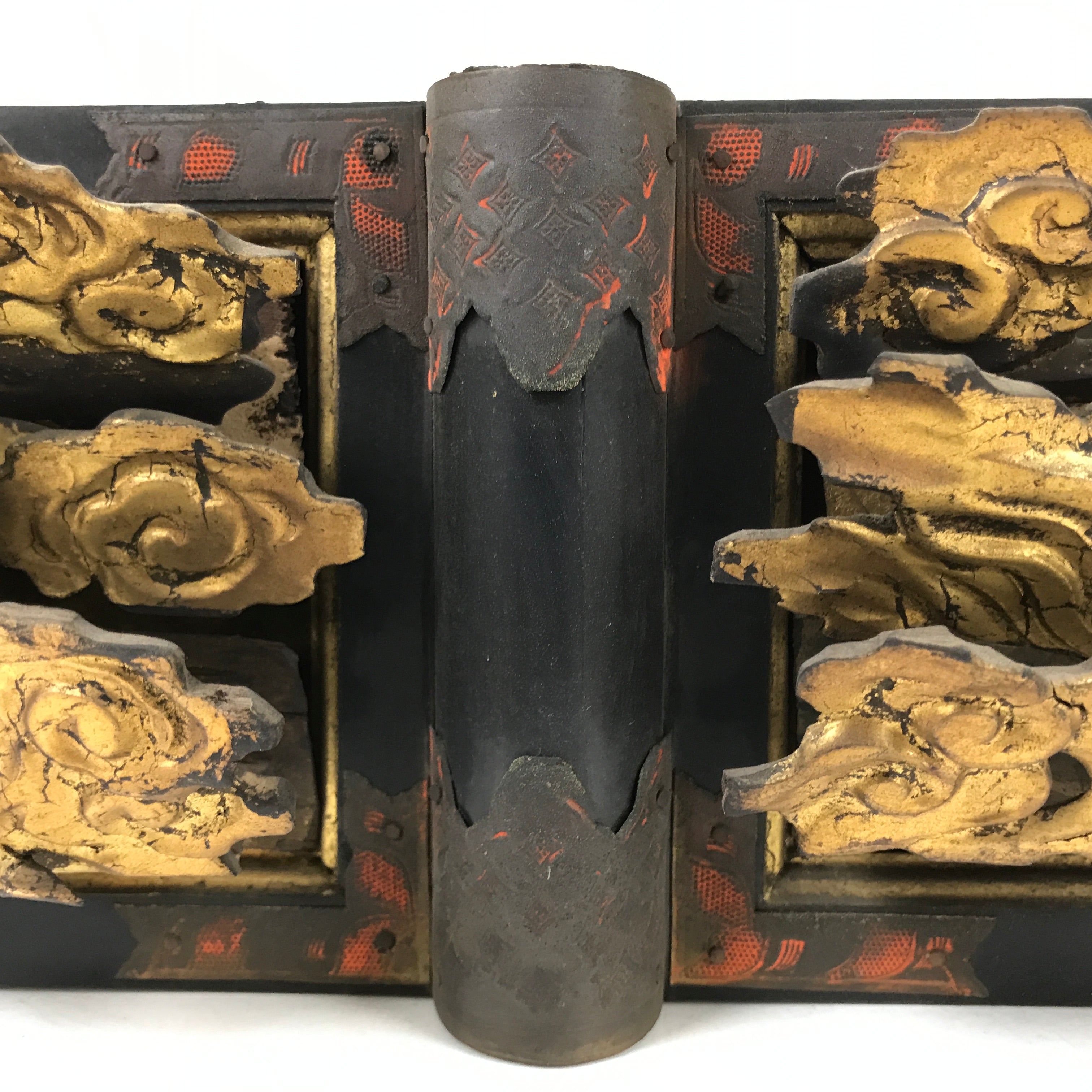 Antique Japanese Buddhist Altar Wood Lacquer Ranma Carved Cloud Deity Gold BA488