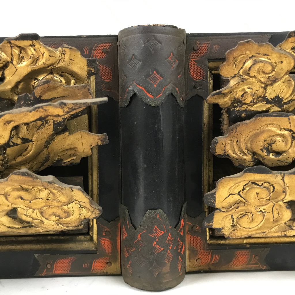 Antique Japanese Buddhist Altar Wood Lacquer Ranma Carved Cloud Deity Gold BA488