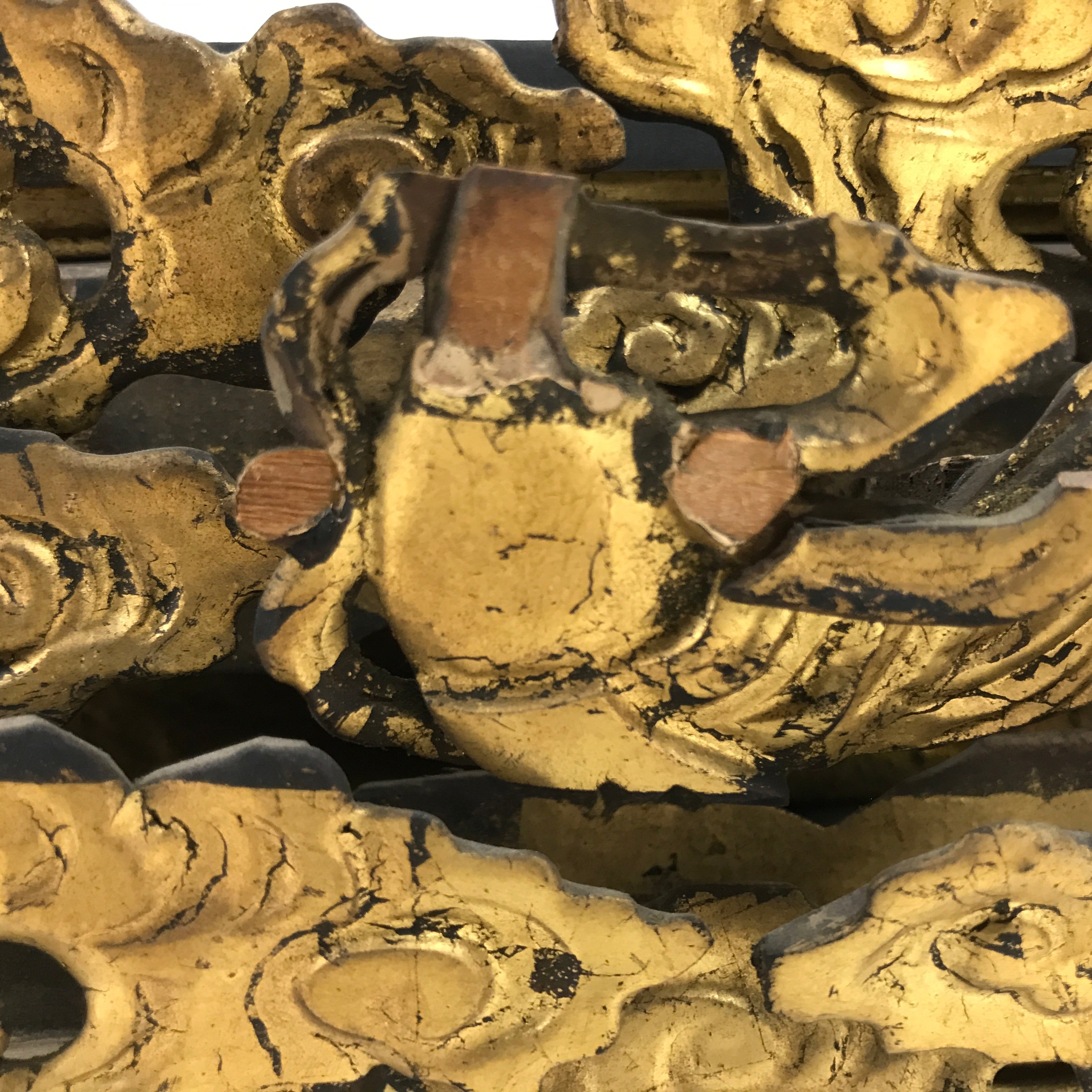 Antique Japanese Buddhist Altar Wood Lacquer Ranma Carved Cloud Deity Gold BA488