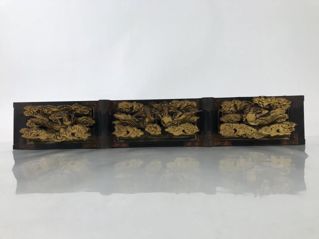 Antique Japanese Buddhist Altar Wood Lacquer Ranma Carved Cloud Deity Gold BA488