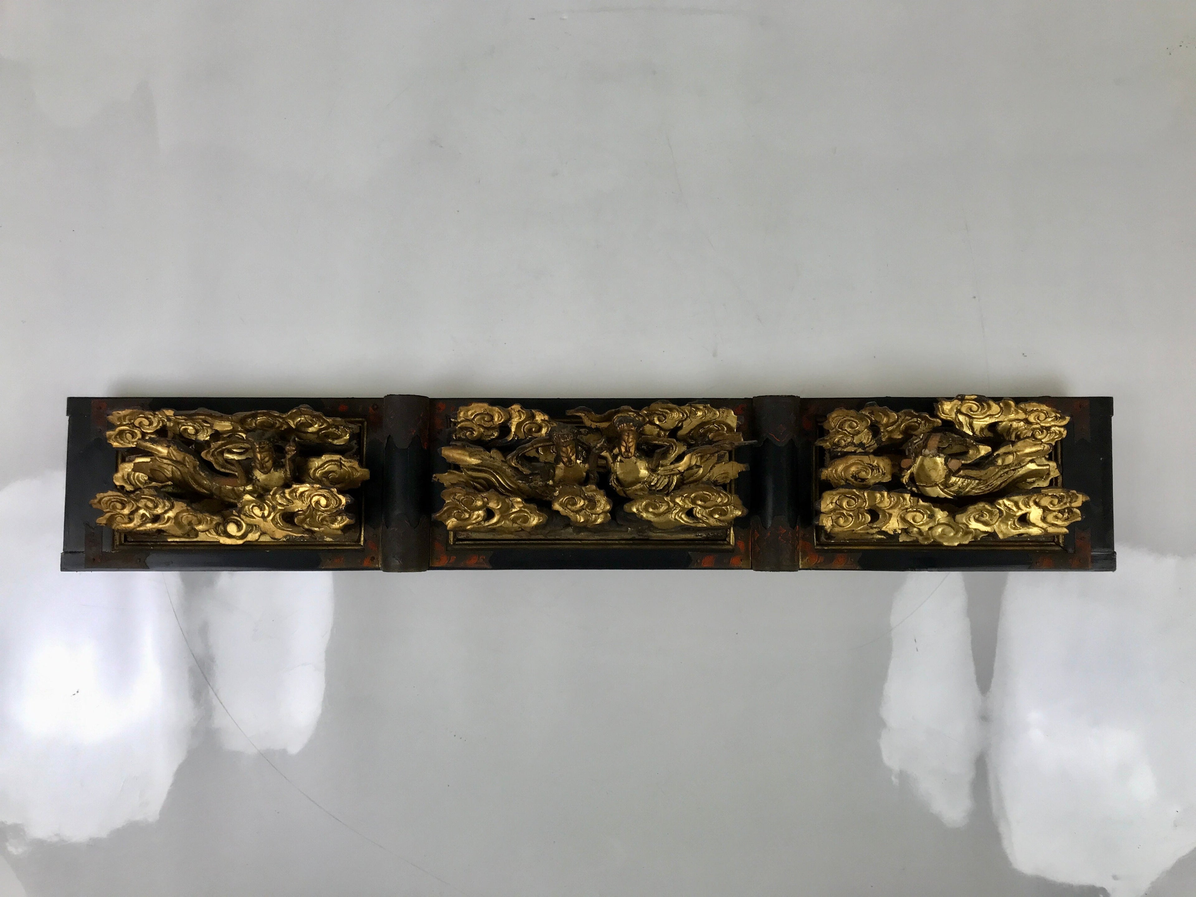 Antique Japanese Buddhist Altar Wood Lacquer Ranma Carved Cloud Deity Gold BA488
