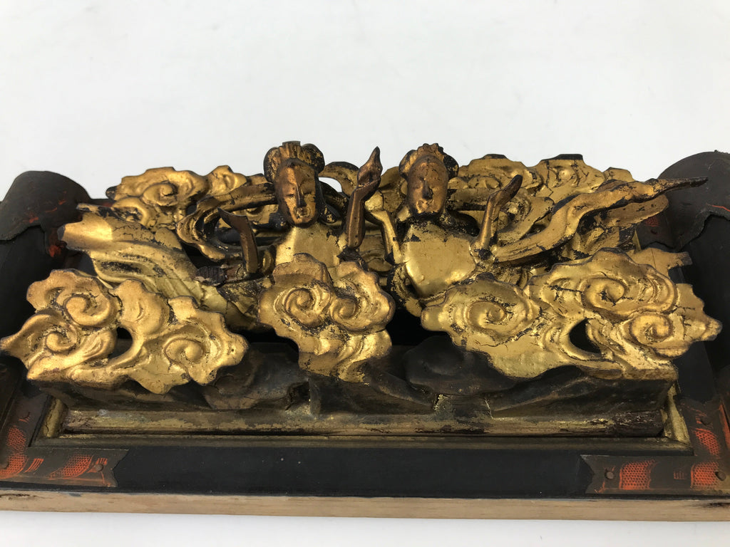 Antique Japanese Buddhist Altar Wood Lacquer Ranma Carved Cloud Deity Gold BA488