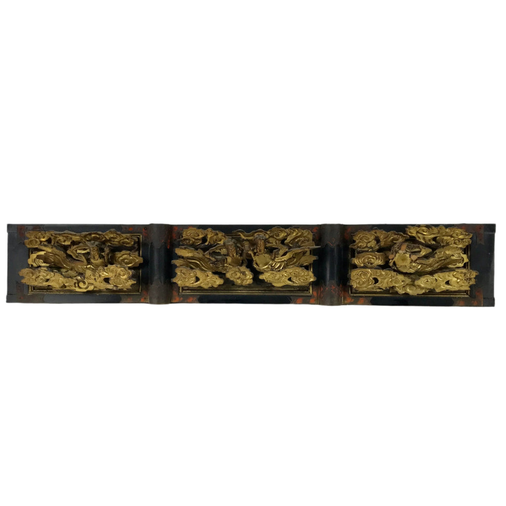 Antique Japanese Buddhist Altar Wood Lacquer Ranma Carved Cloud Deity Gold BA488