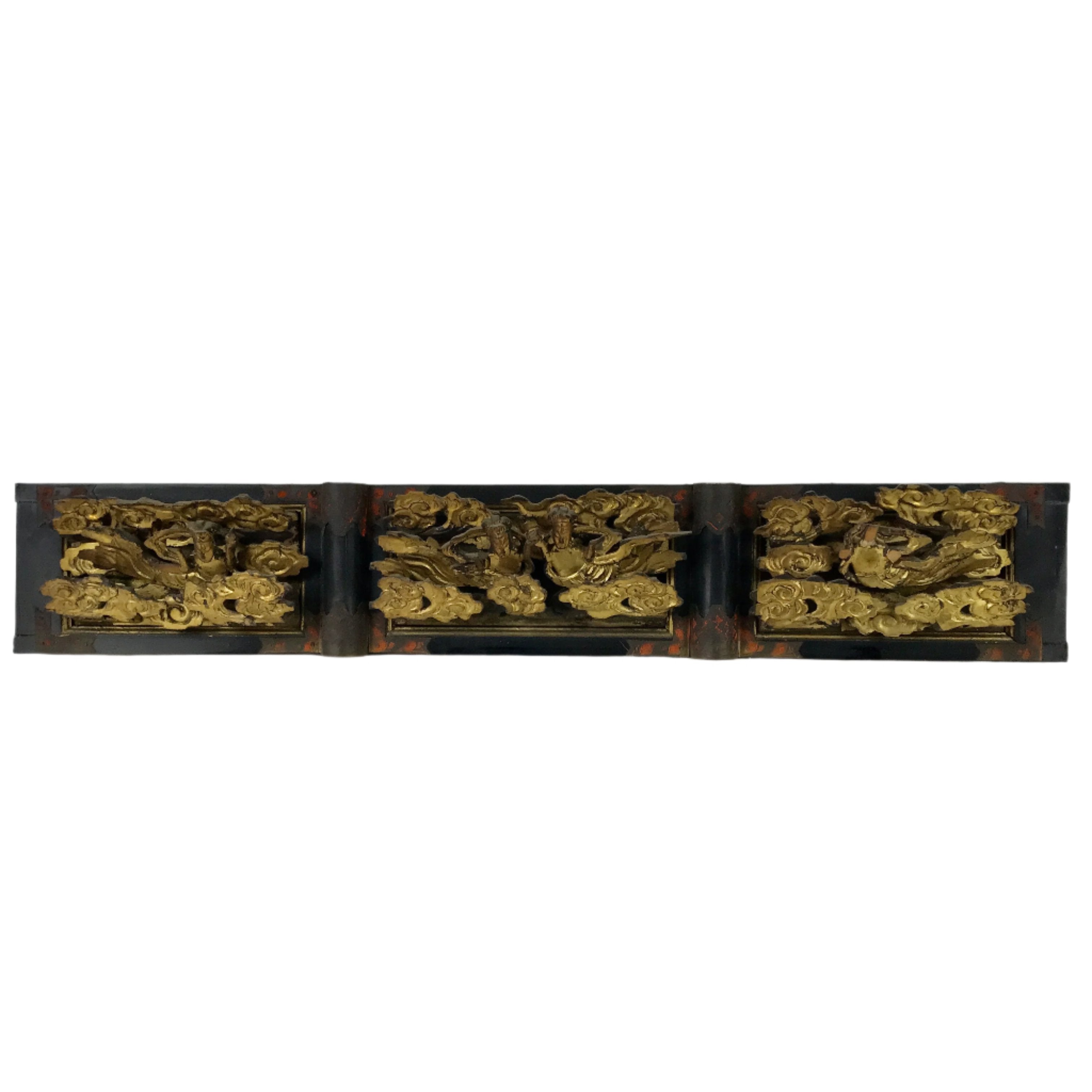Antique Japanese Buddhist Altar Wood Lacquer Ranma Carved Cloud Deity Gold BA488