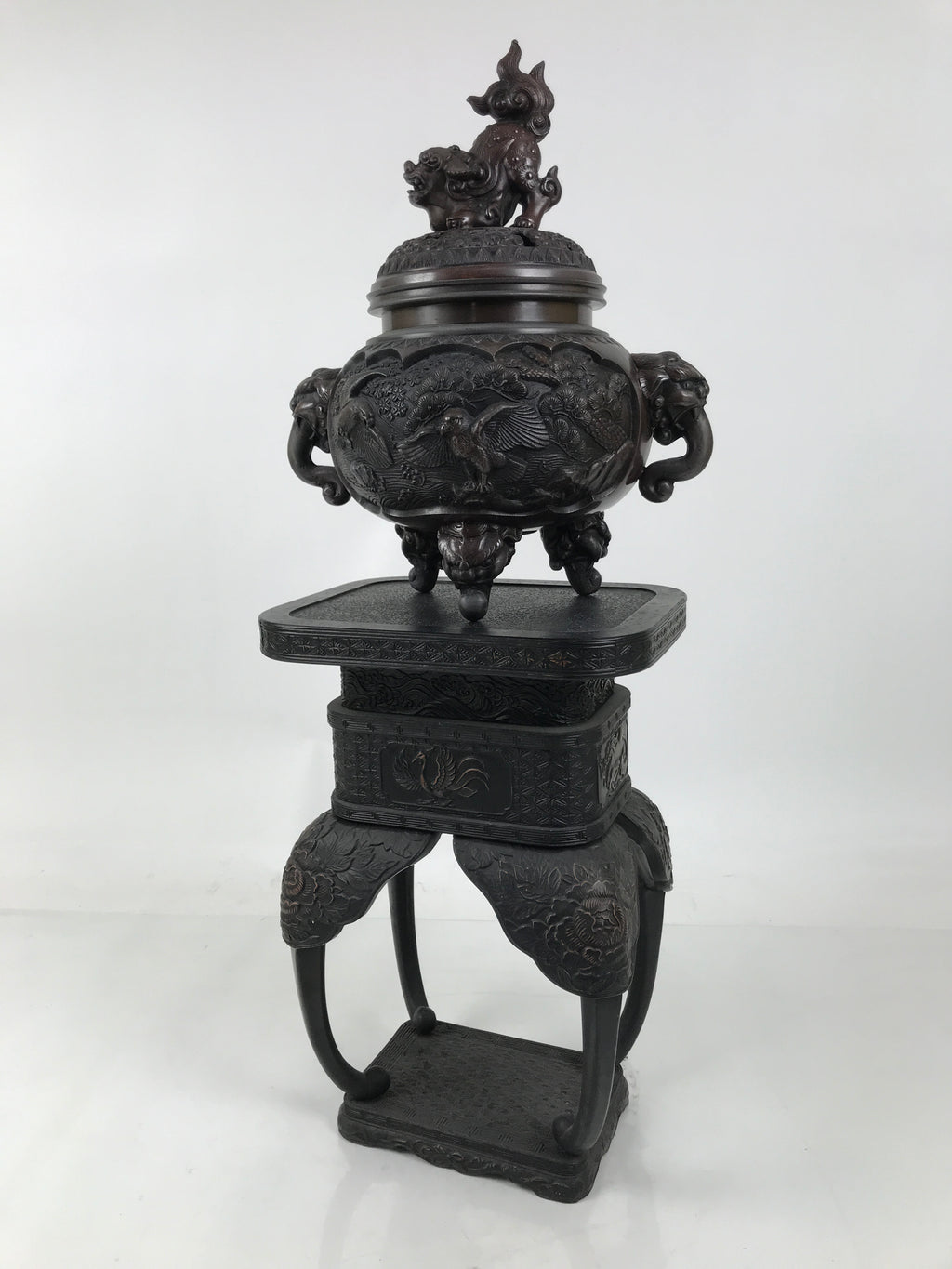 Antique Japanese Buddhist Bronze Incense Burner Koro Shishi Lion w/Stand BA708