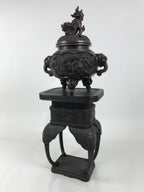 Antique Japanese Buddhist Bronze Incense Burner Koro Shishi Lion w/Stand BA708