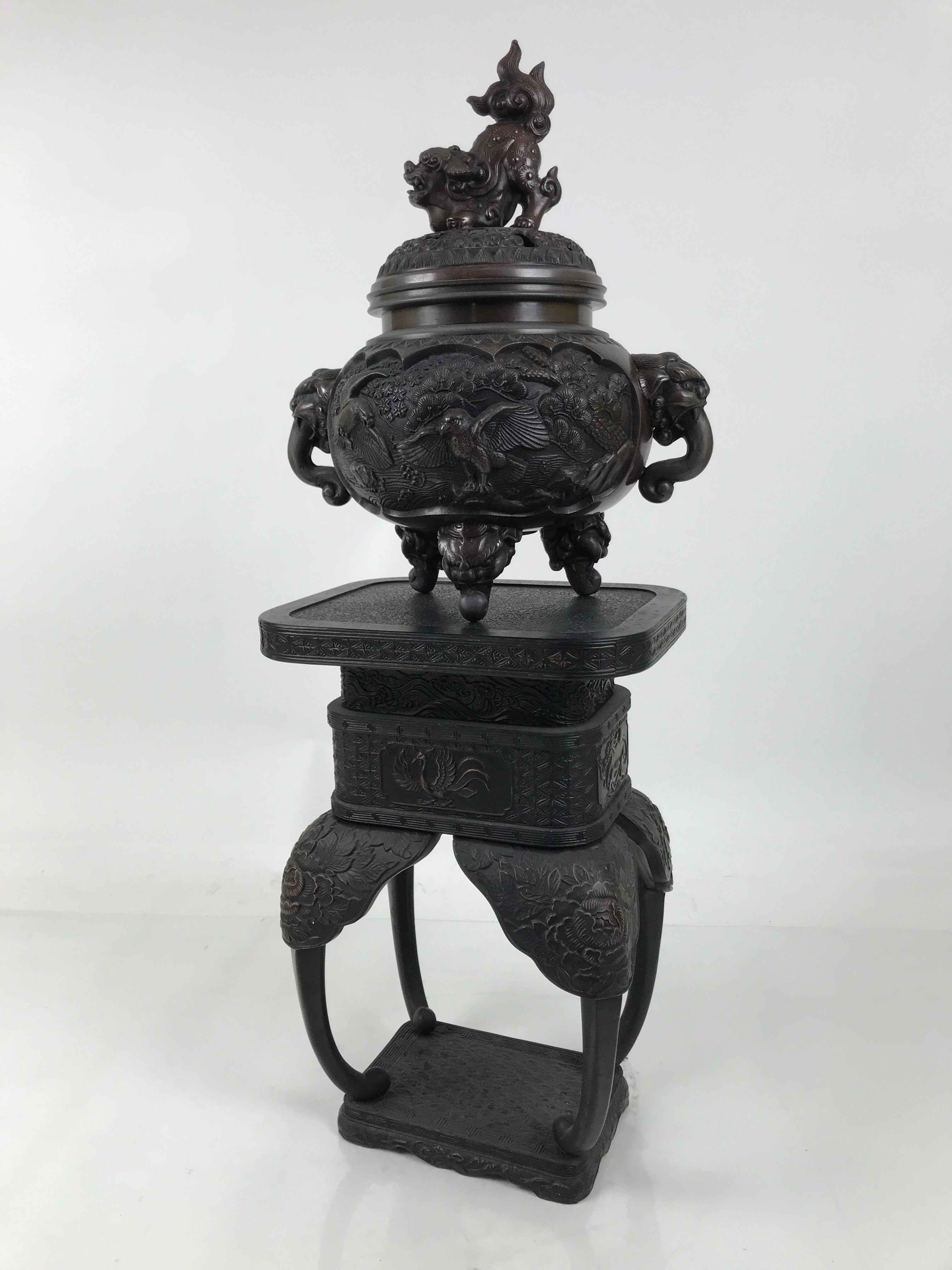 Antique Japanese Buddhist Bronze Incense Burner Koro Shishi Lion w/Stand BA708