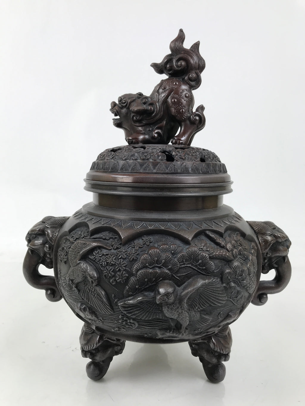 Antique Japanese Buddhist Bronze Incense Burner Koro Shishi Lion w/Stand BA708
