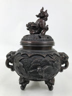 Antique Japanese Buddhist Bronze Incense Burner Koro Shishi Lion w/Stand BA708