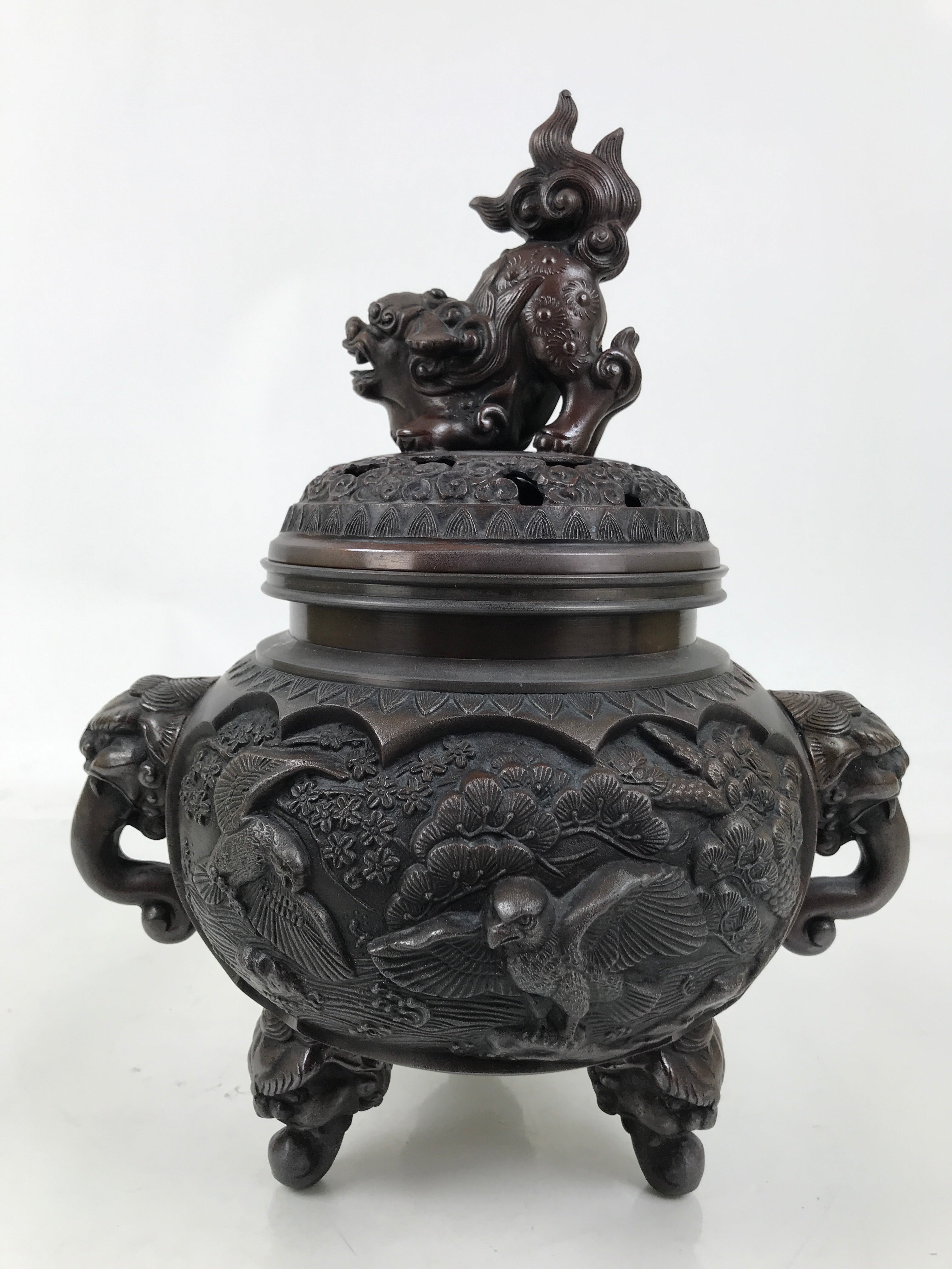 Antique Japanese Buddhist Bronze Incense Burner Koro Shishi Lion w/Stand BA708