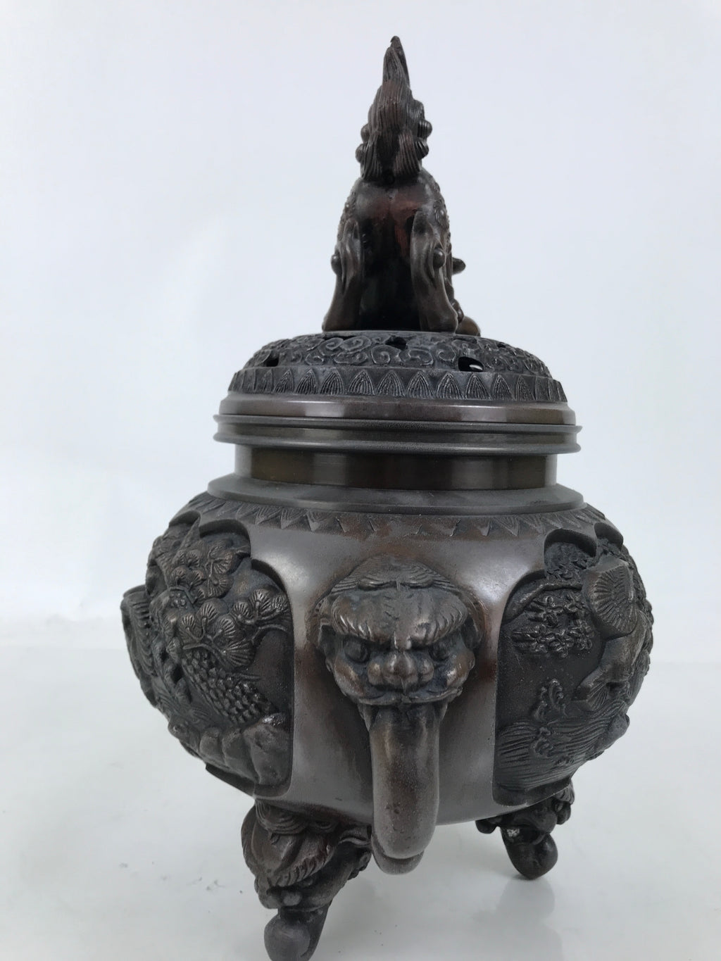 Antique Japanese Buddhist Bronze Incense Burner Koro Shishi Lion w/Stand BA708