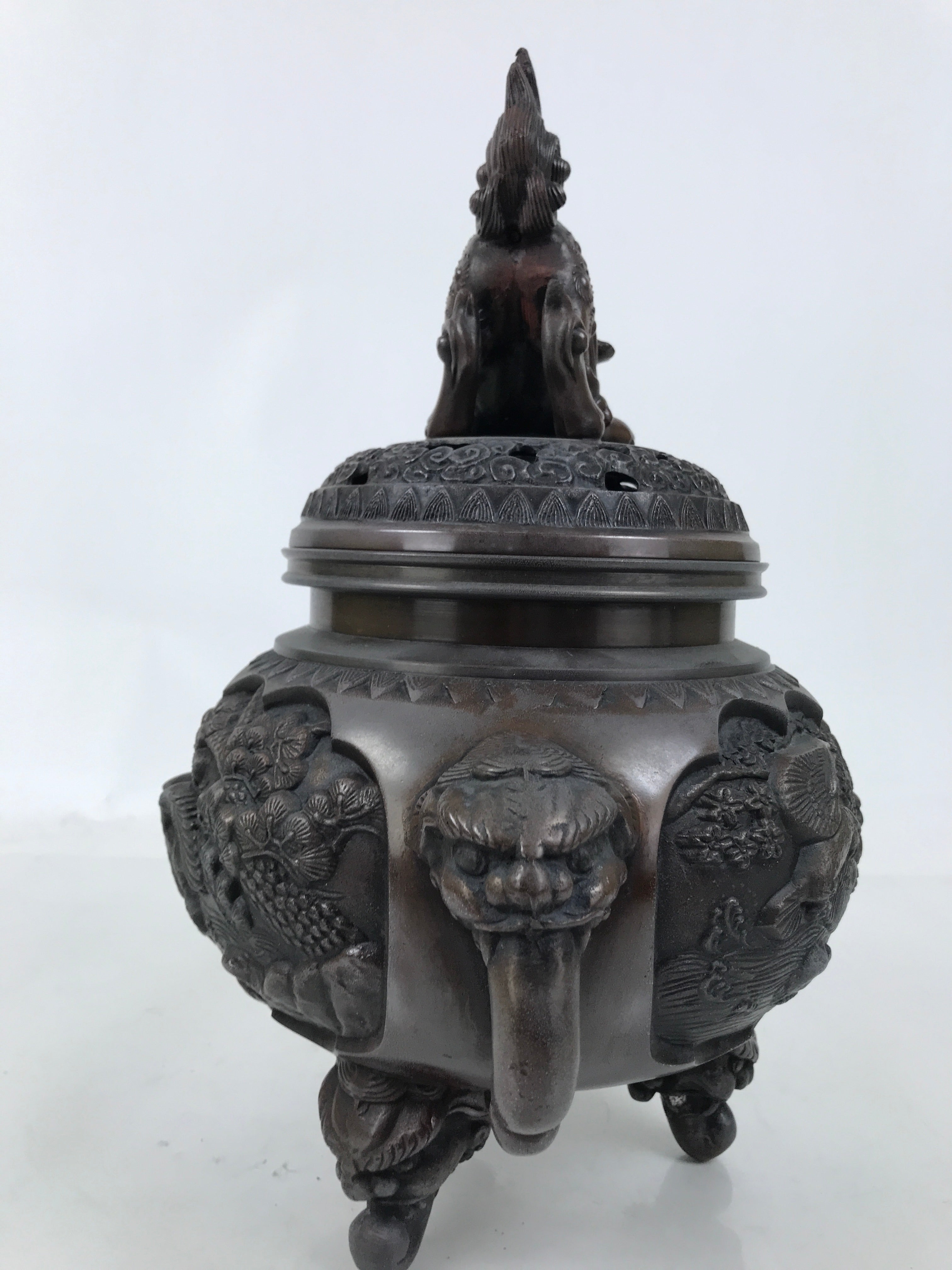 Antique Japanese Buddhist Bronze Incense Burner Koro Shishi Lion w/Stand BA708