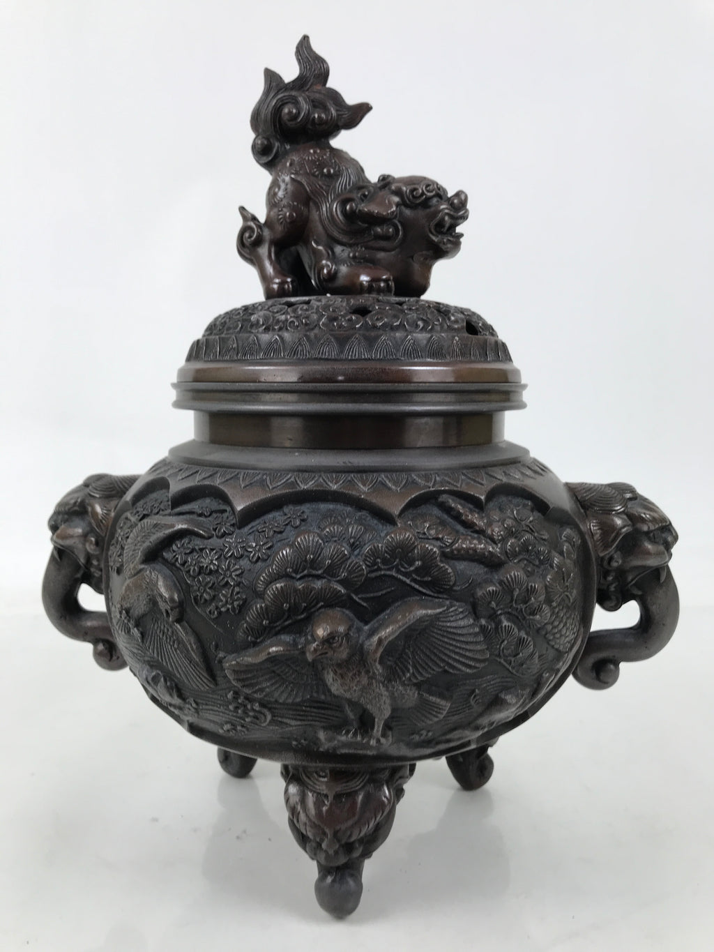Antique Japanese Buddhist Bronze Incense Burner Koro Shishi Lion w/Stand BA708