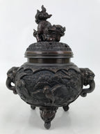 Antique Japanese Buddhist Bronze Incense Burner Koro Shishi Lion w/Stand BA708