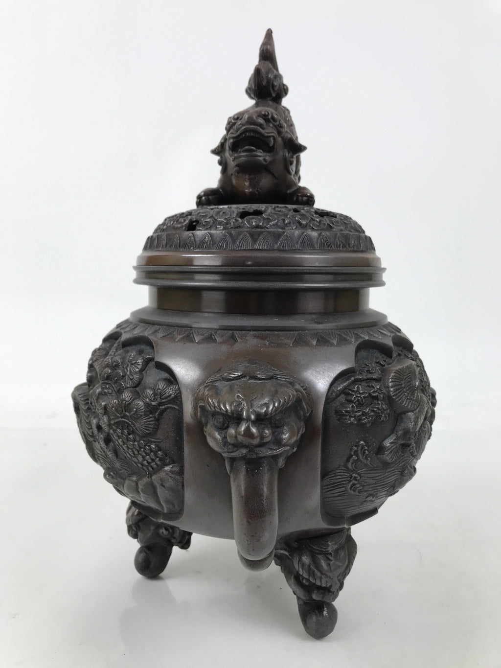 Antique Japanese Buddhist Bronze Incense Burner Koro Shishi Lion w/Stand BA708