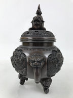 Antique Japanese Buddhist Bronze Incense Burner Koro Shishi Lion w/Stand BA708