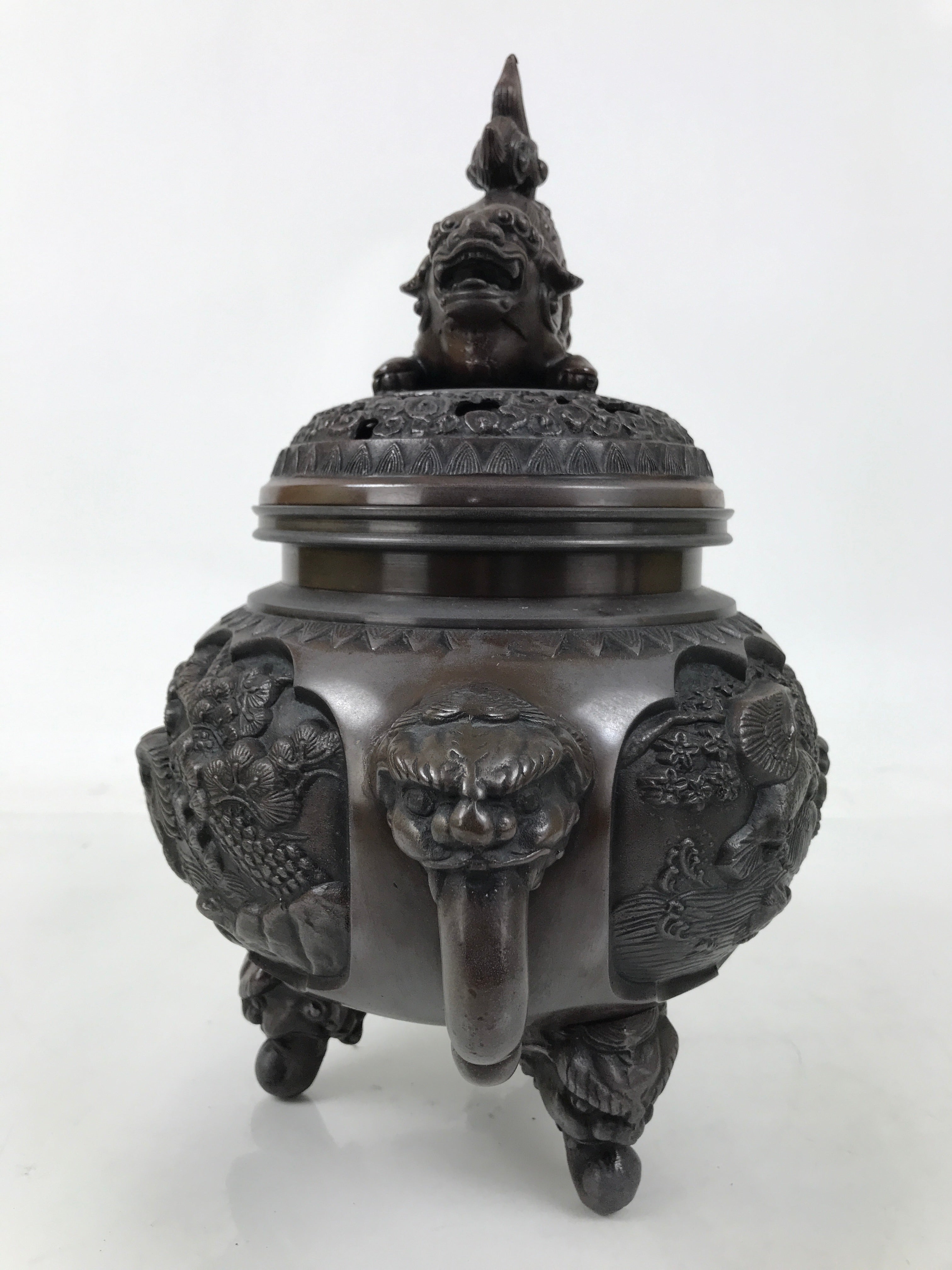 Antique Japanese Buddhist Bronze Incense Burner Koro Shishi Lion w/Stand BA708