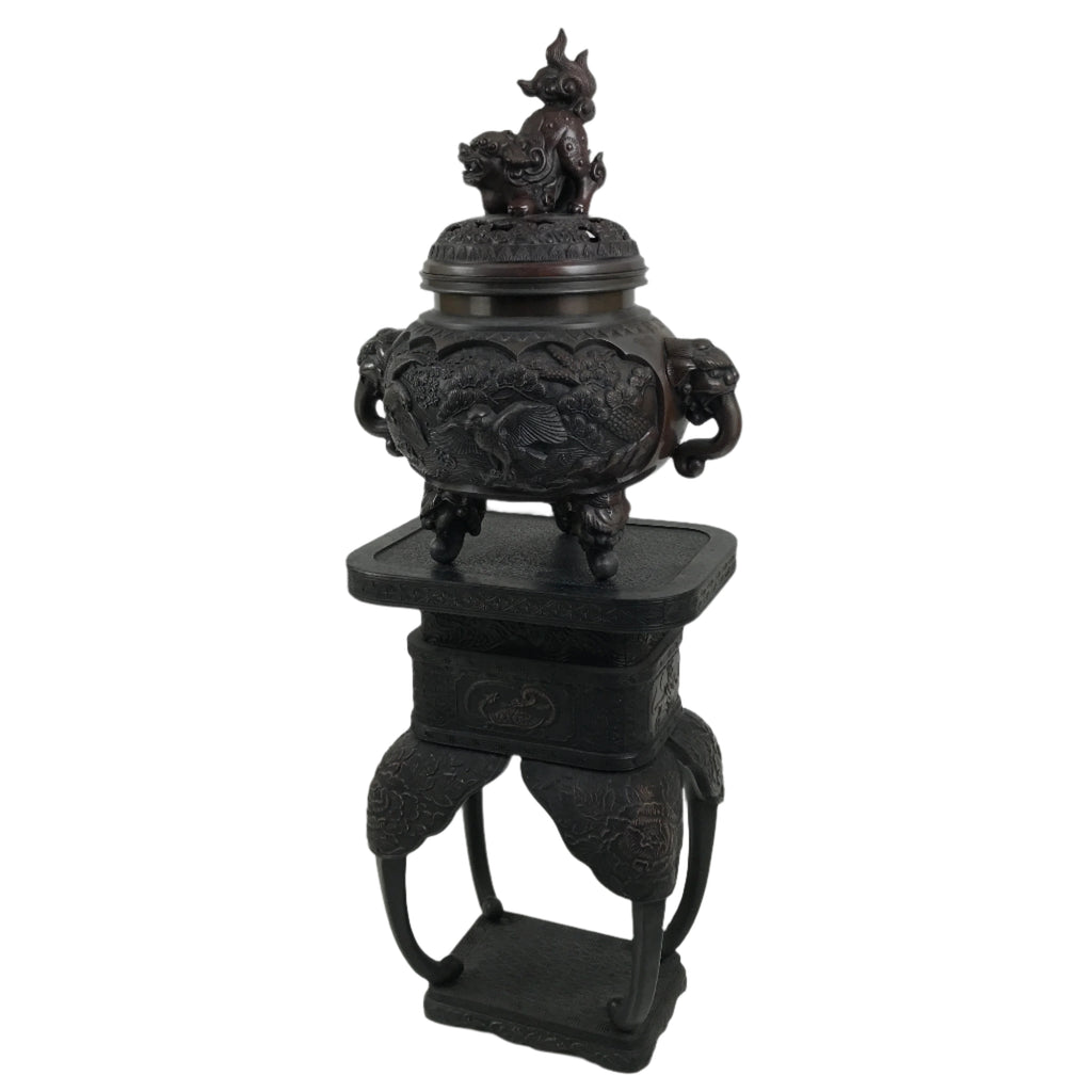 Antique Japanese Buddhist Bronze Incense Burner Koro Shishi Lion w/Stand BA708