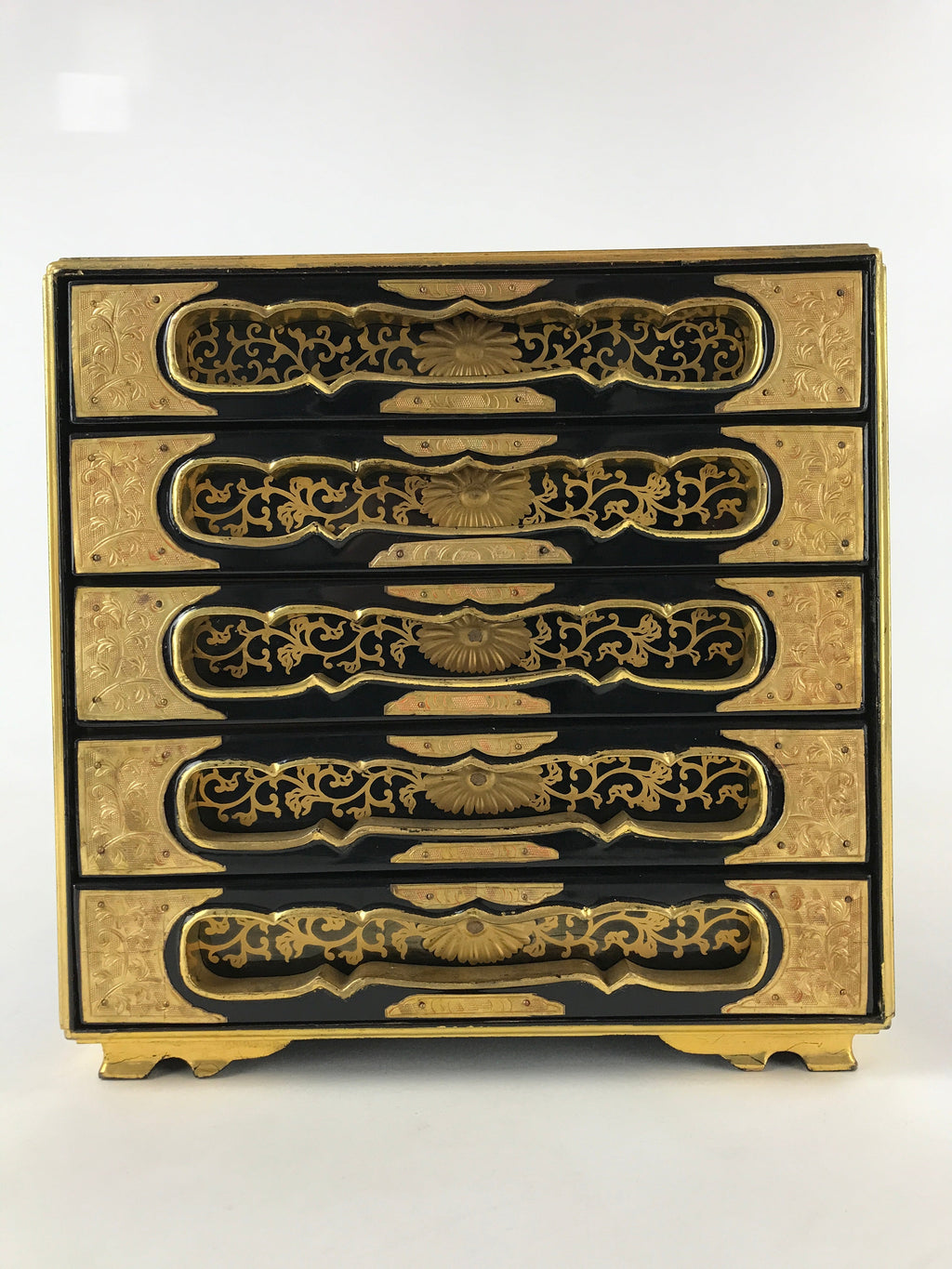 Antique Japanese Buddhist Lacquer Sutra Book Drawer Gold Gilt Floral Makie BA166