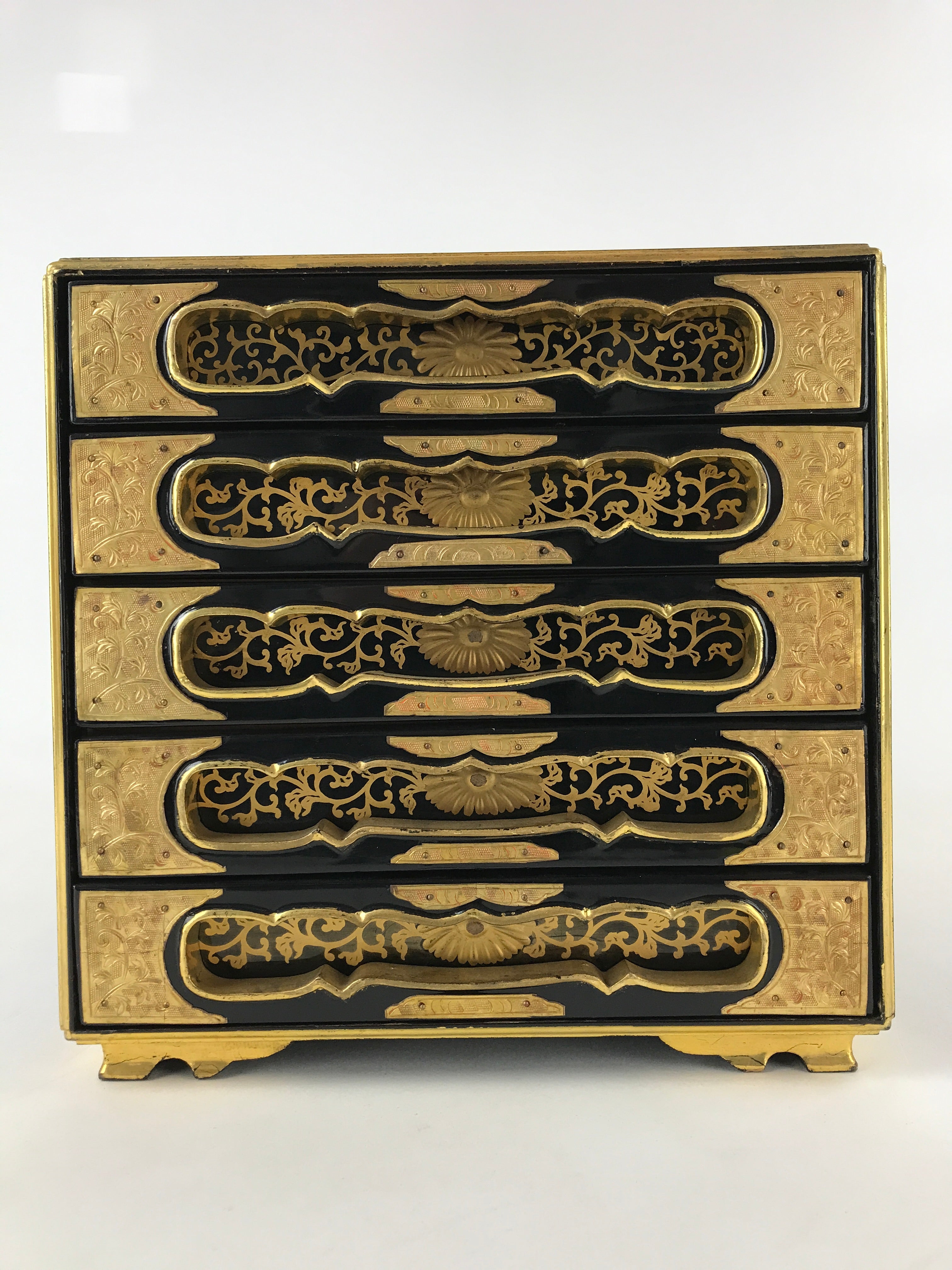 Antique Japanese Buddhist Lacquer Sutra Book Drawer Gold Gilt Floral Makie BA166