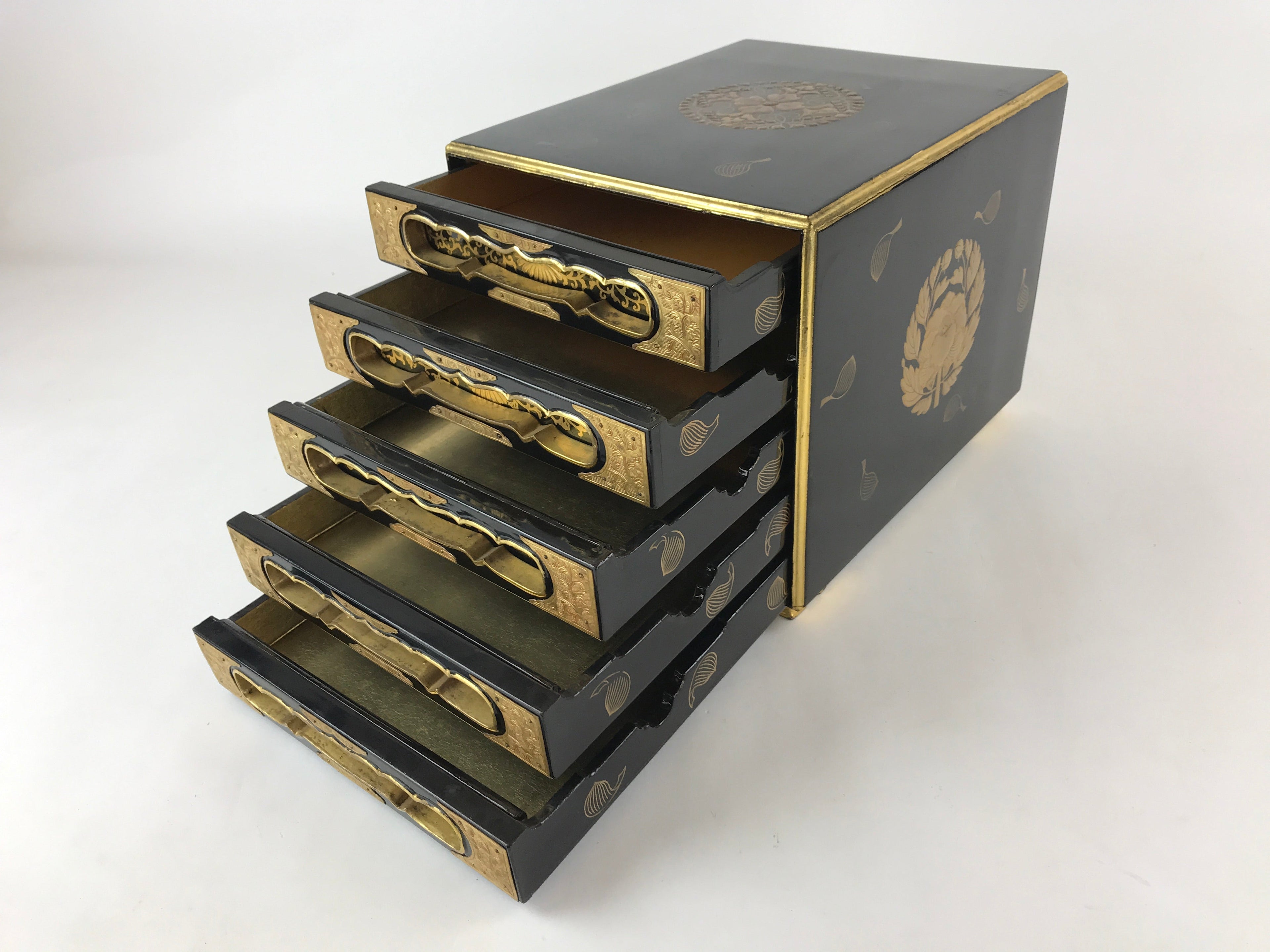 Antique Japanese Buddhist Lacquer Sutra Book Drawer Gold Gilt Floral Makie BA166