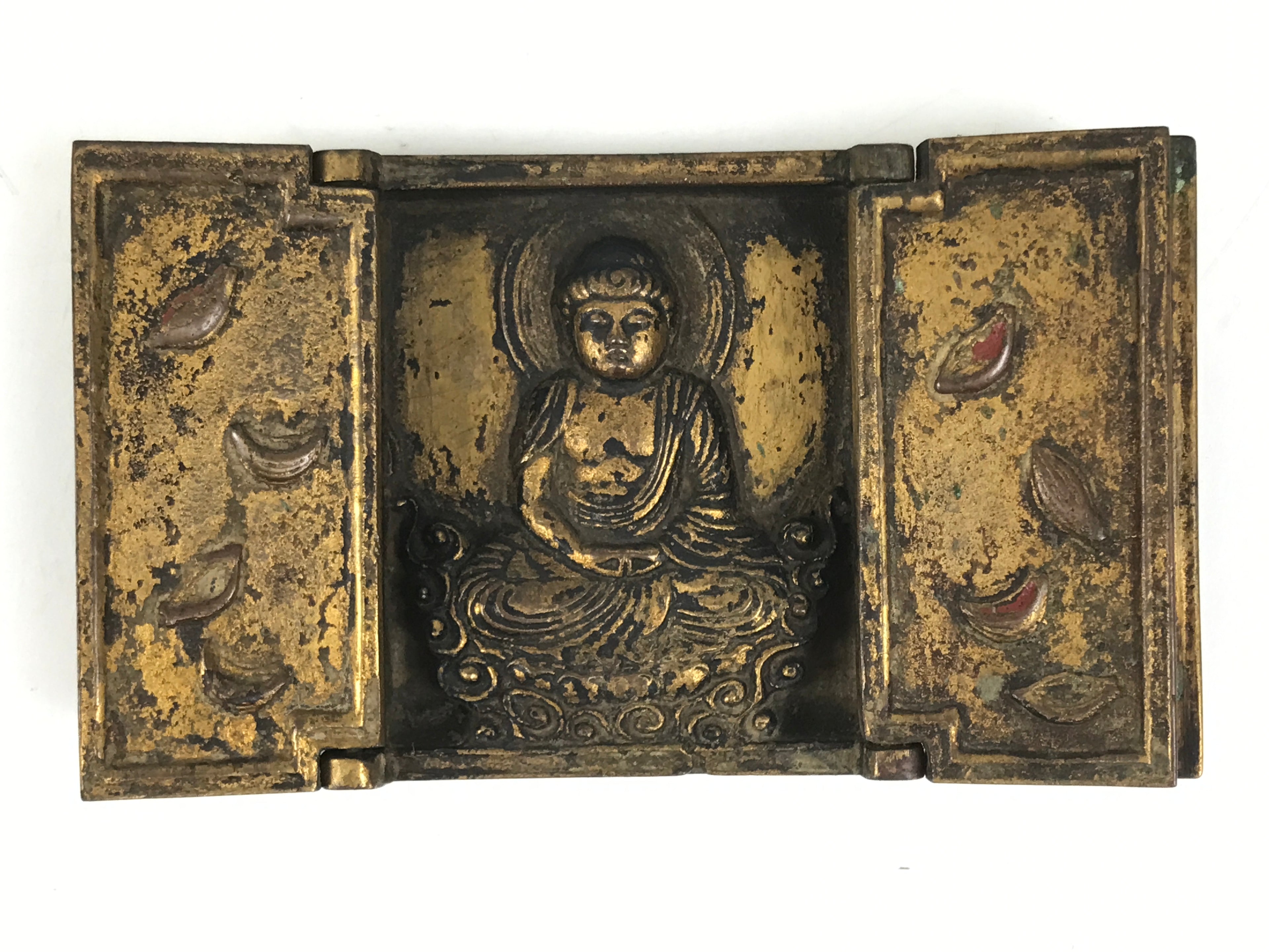 Antique Japanese Buddhist Zushi Shrine Statue Amida Nyorai Metal Gold BA704