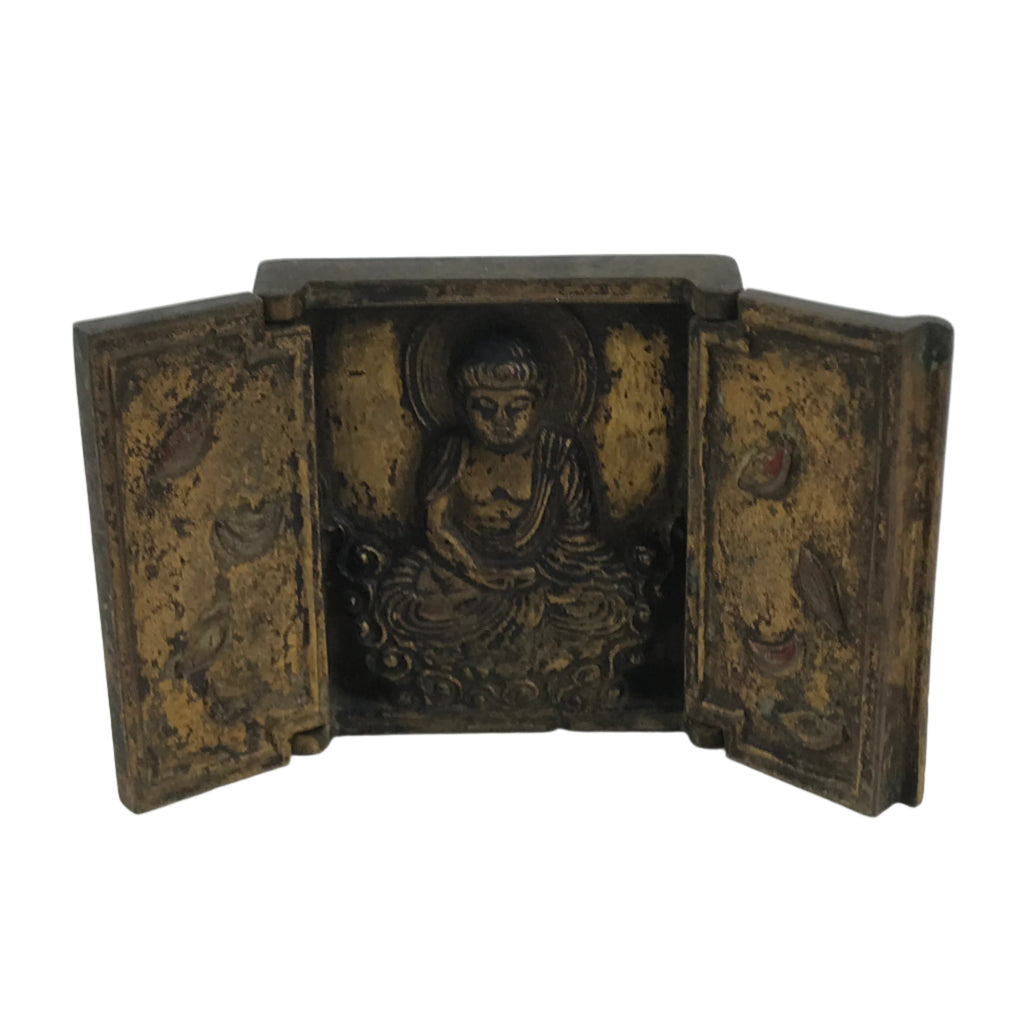 Antique Japanese Buddhist Zushi Shrine Statue Amida Nyorai Metal Gold BA704