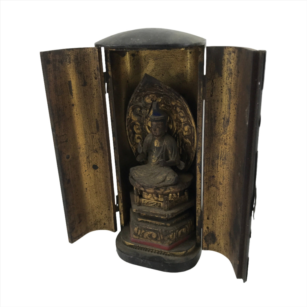 Antique Japanese Buddhist Zushi Shrine W/ Statue Lacquer Wood Black Gold BA311