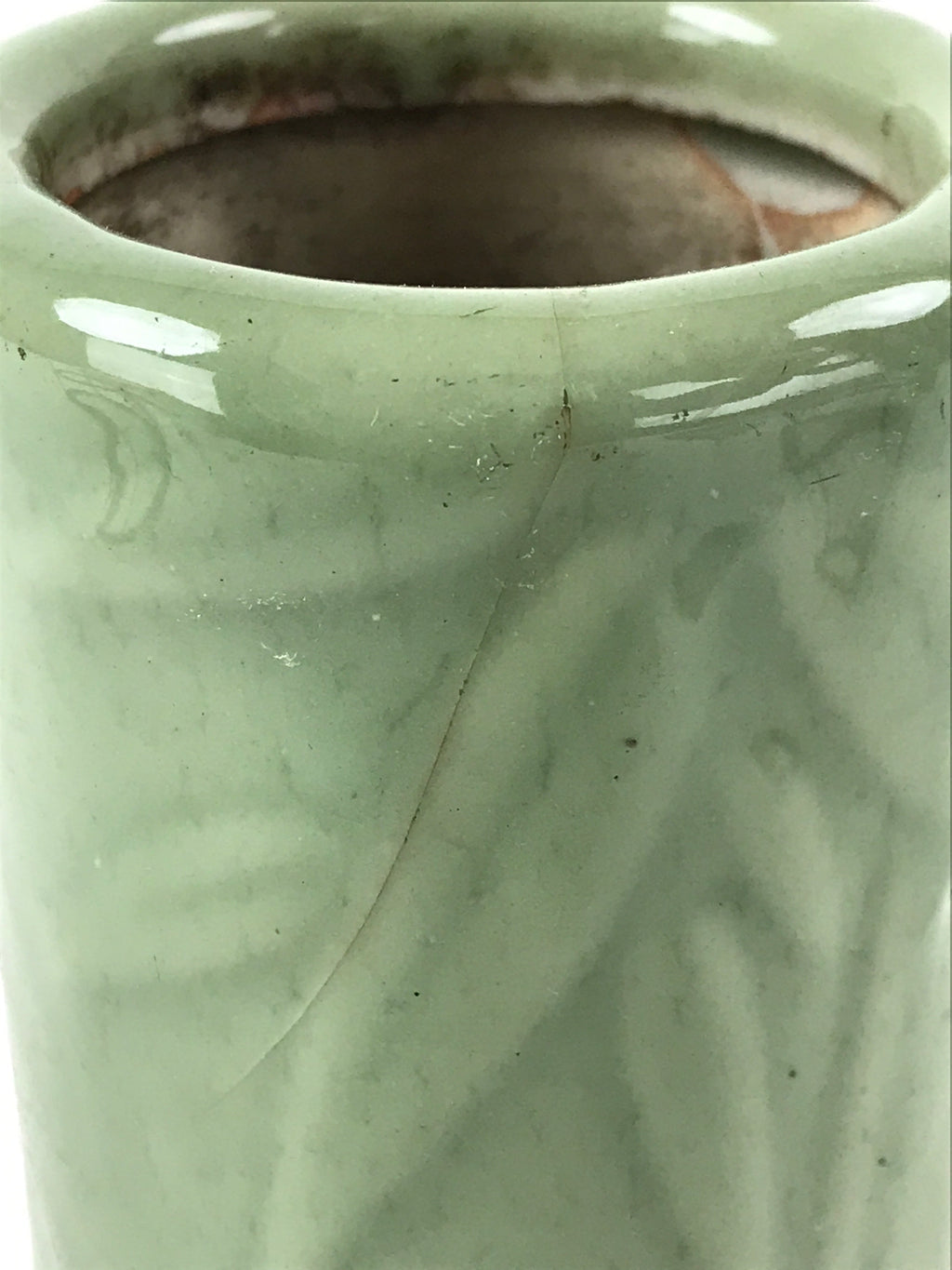 Antique Japanese Ceramic Flower Vase 2pcs Kabin Metal Stand Ikebana Green FK82
