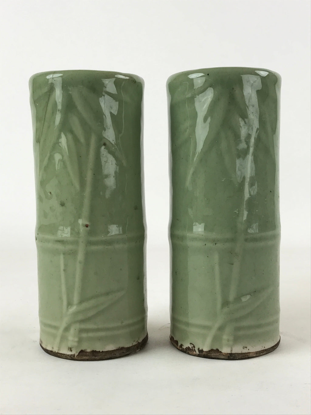 Antique Japanese Ceramic Flower Vase 2pcs Kabin Metal Stand Ikebana Green FK82