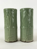 Antique Japanese Ceramic Flower Vase 2pcs Kabin Metal Stand Ikebana Green FK82