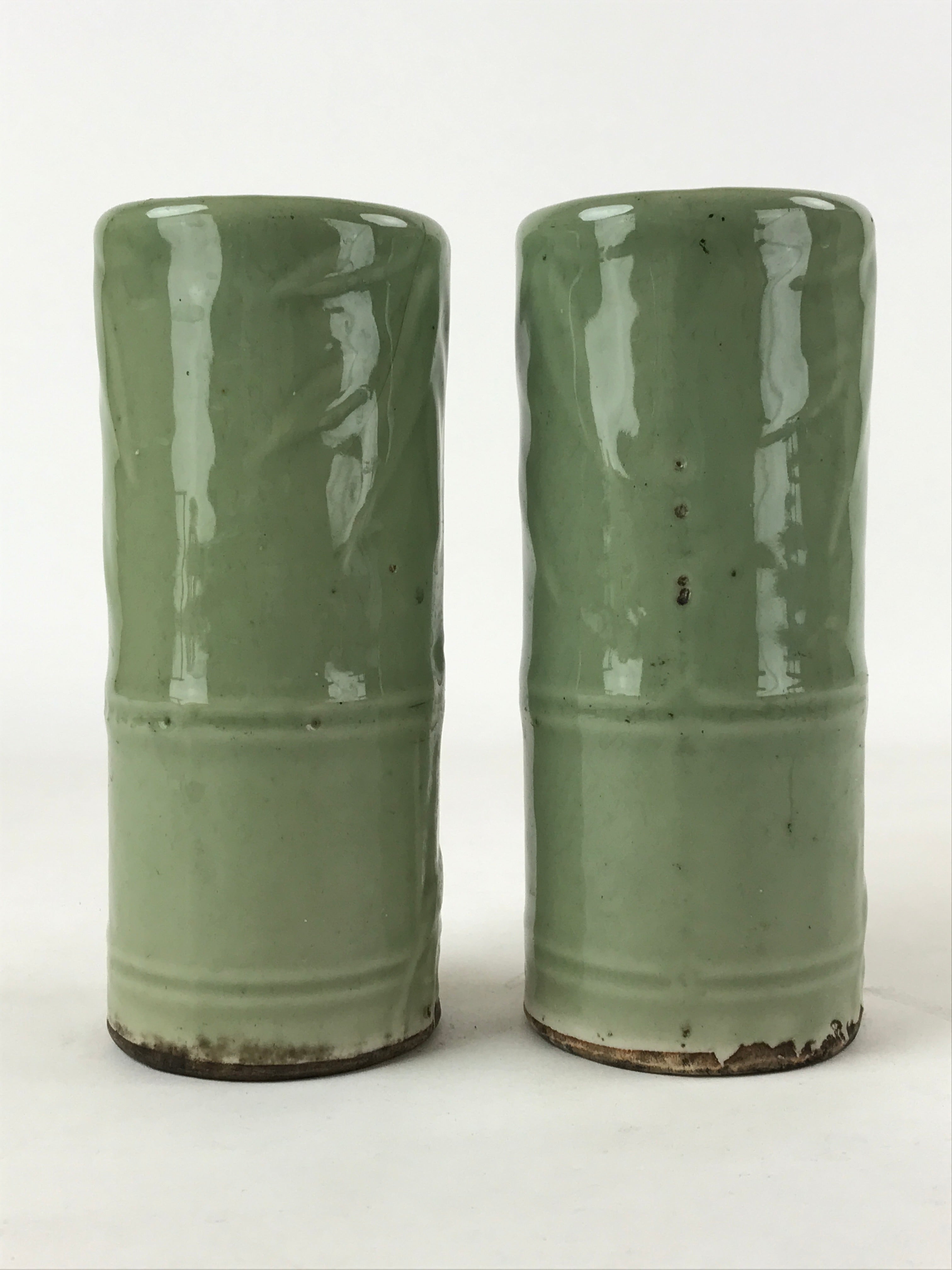 Antique Japanese Ceramic Flower Vase 2pcs Kabin Metal Stand Ikebana Green FK82