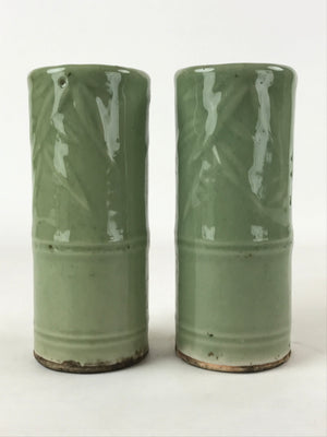 Antique Japanese Ceramic Flower Vase 2pcs Kabin Metal Stand Ikebana Green FK82