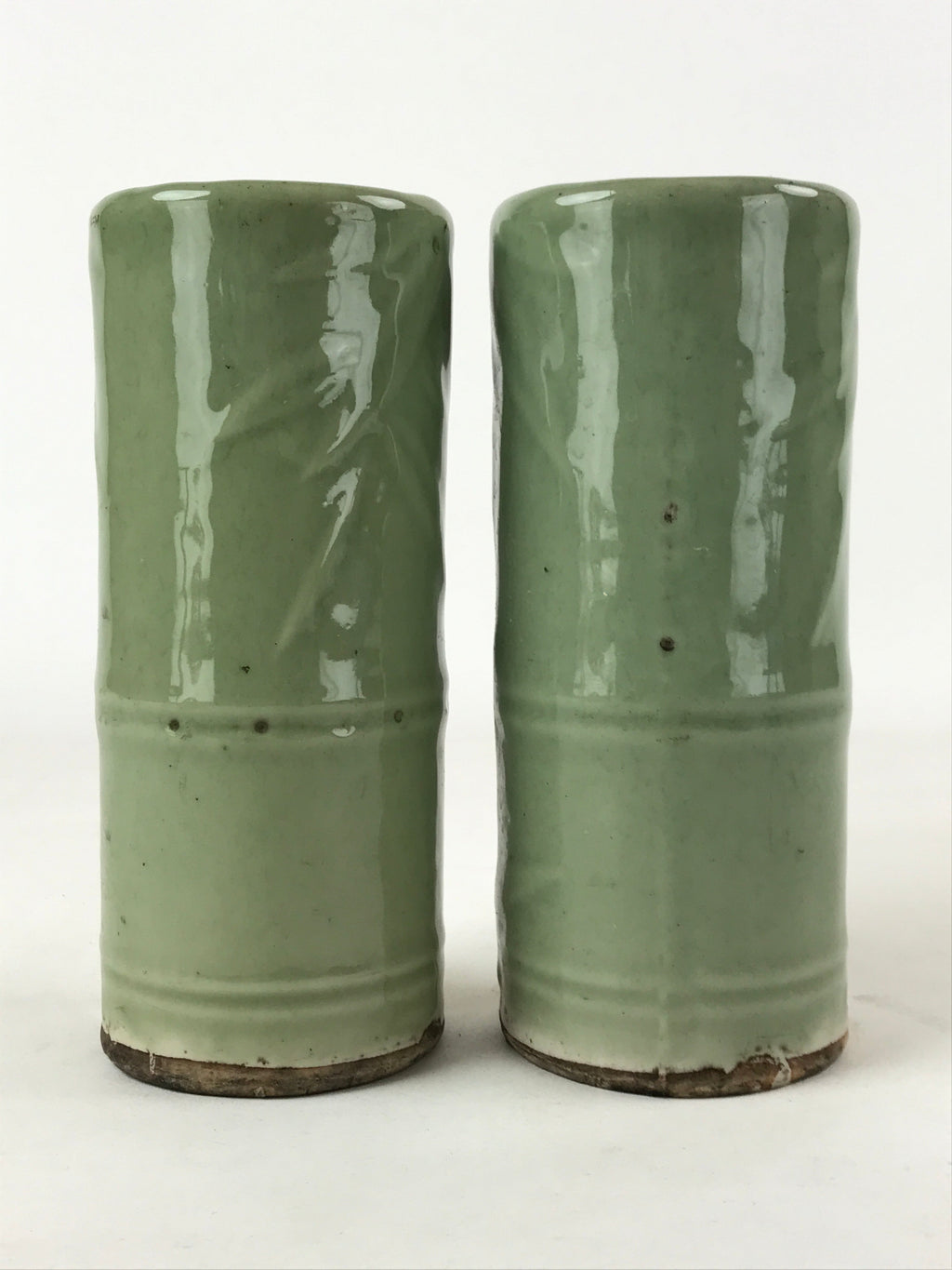 Antique Japanese Ceramic Flower Vase 2pcs Kabin Metal Stand Ikebana Green FK82