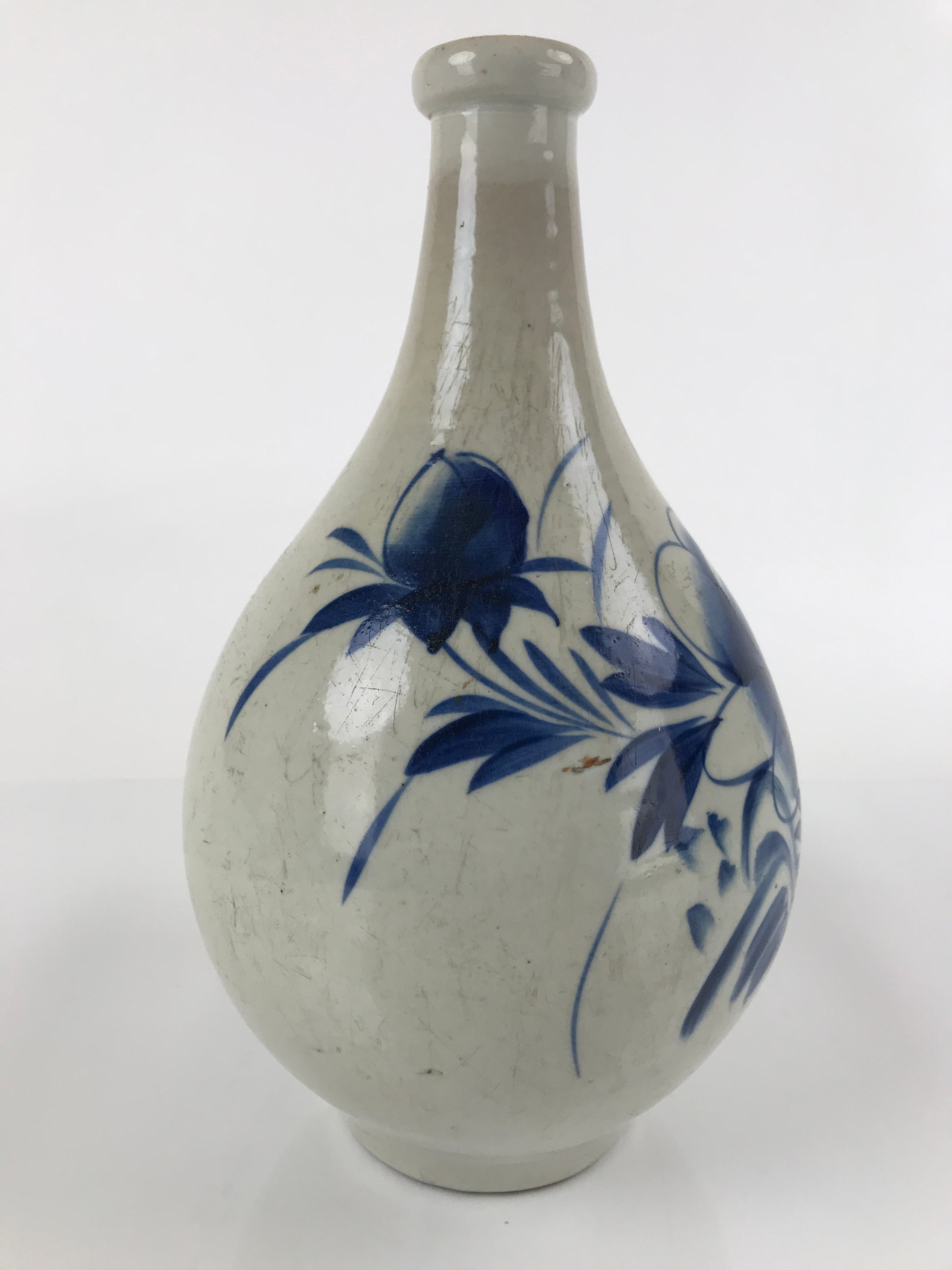 Antique Japanese Ceramic Imari Sake Bottle Kayoi-Tokkuri Blue Peony Botan TS623