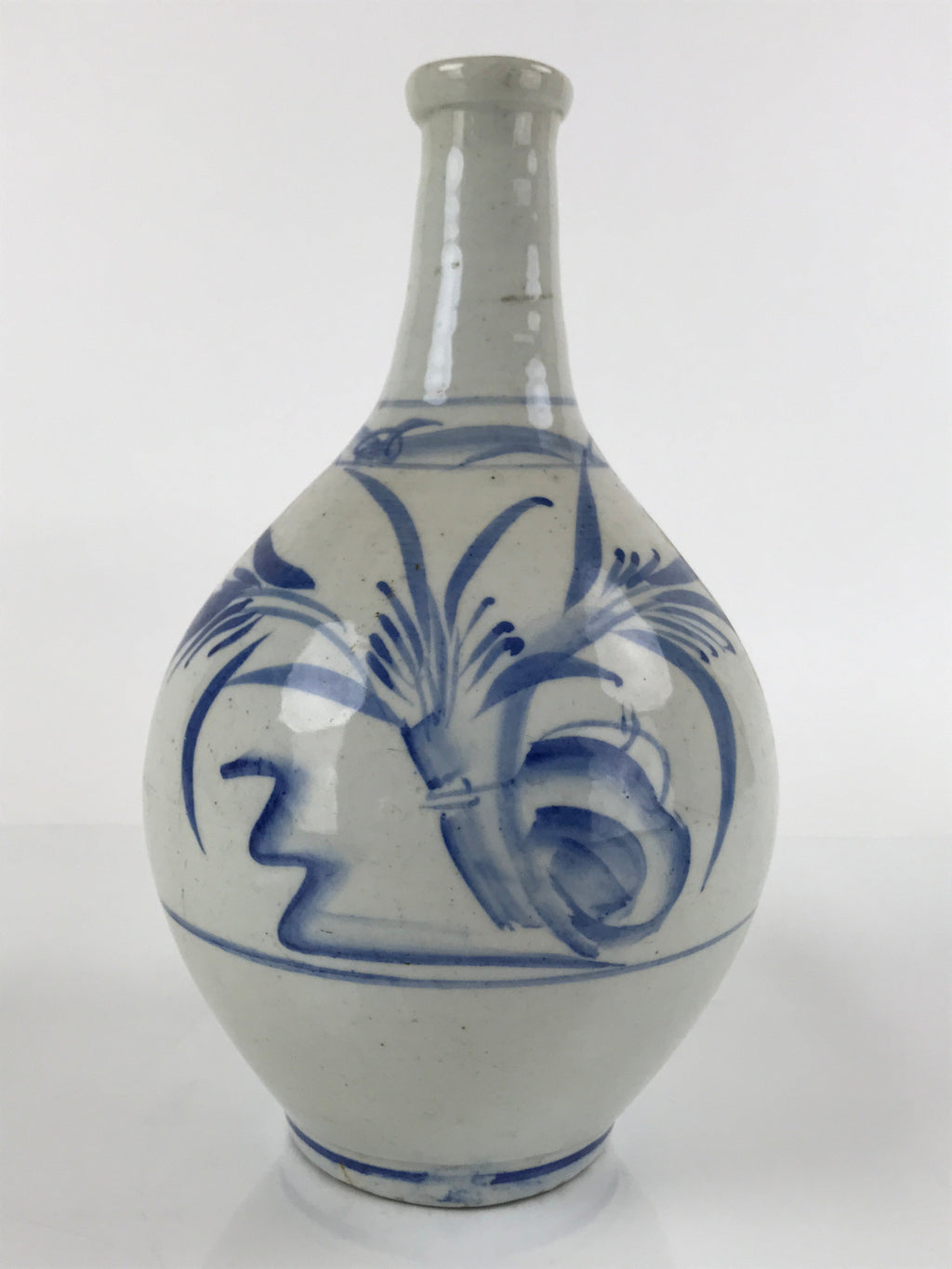 Antique Japanese Ceramic Imari Sake Bottle Kayoi-Tokkuri White Blue Floral TS624