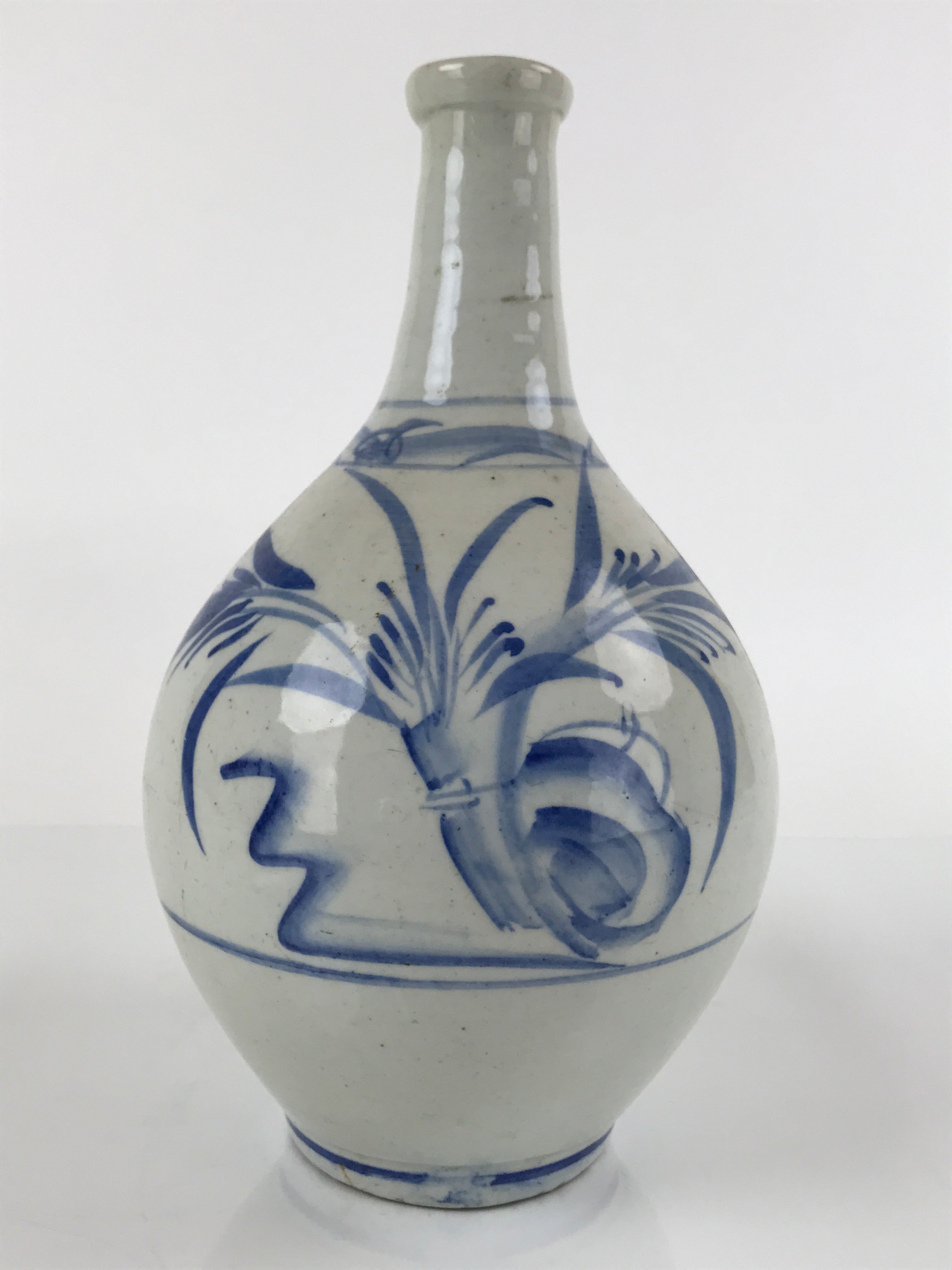 Antique Japanese Ceramic Imari Sake Bottle Kayoi-Tokkuri White Blue Floral TS624
