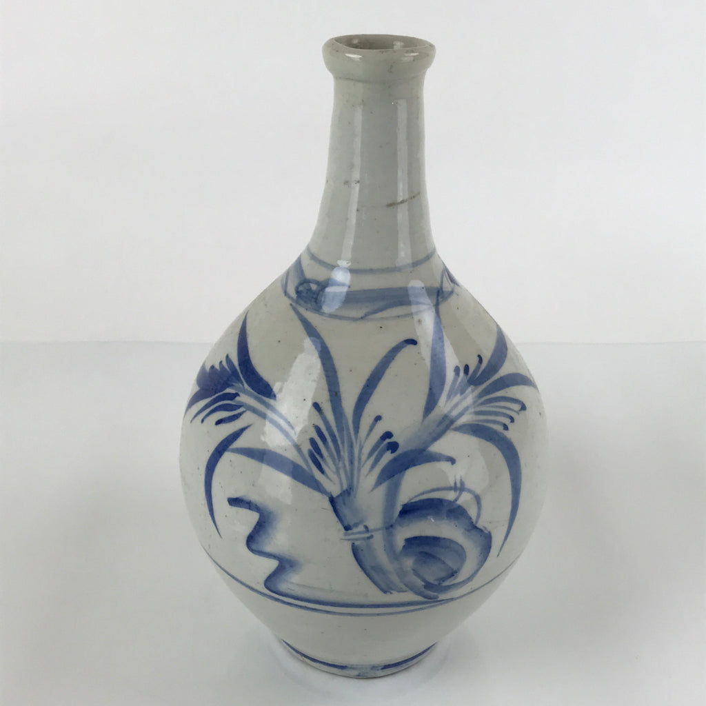 Antique Japanese Ceramic Imari Sake Bottle Kayoi-Tokkuri White Blue Floral TS624