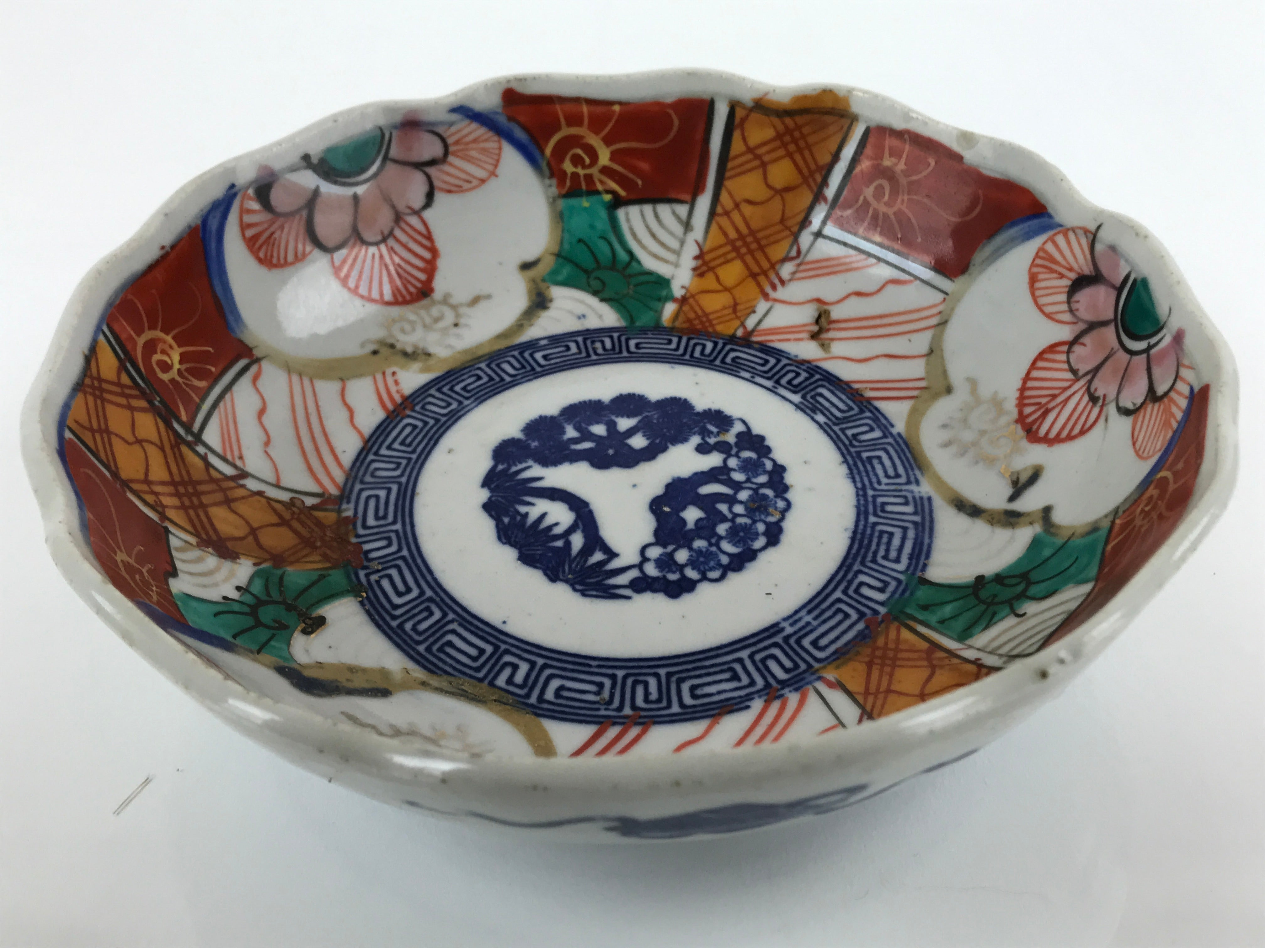 Antique Japanese Ceramic Kutani Imari Namasu Bowl Shouchikubai Red Salad PY679