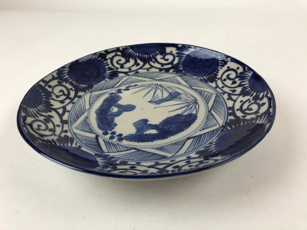 Antique Japanese Ceramic Large Plate Blue White Pine Tree Blossoms Floral PY588
