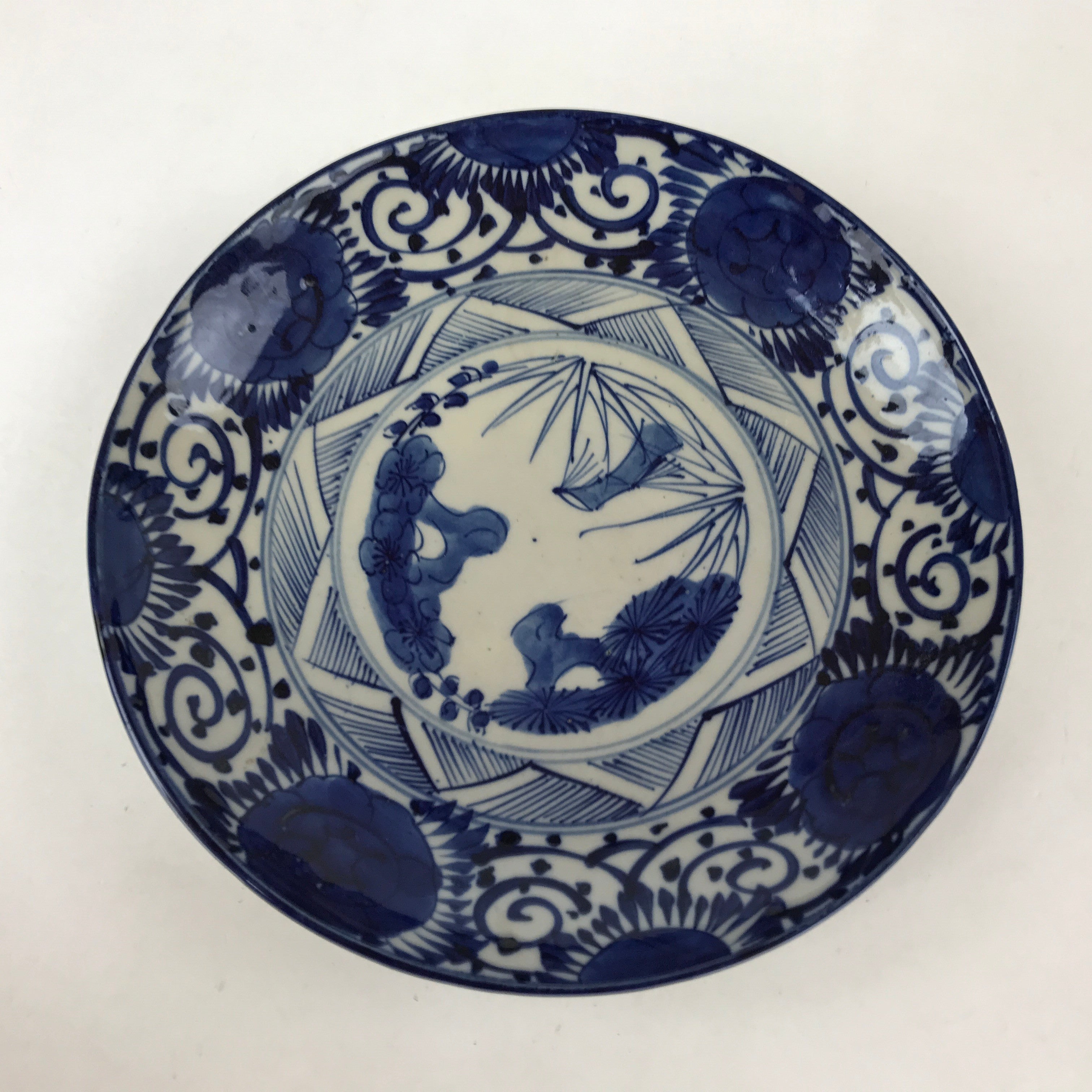 Antique Japanese Ceramic Large Plate Blue White Pine Tree Blossoms Floral PY588
